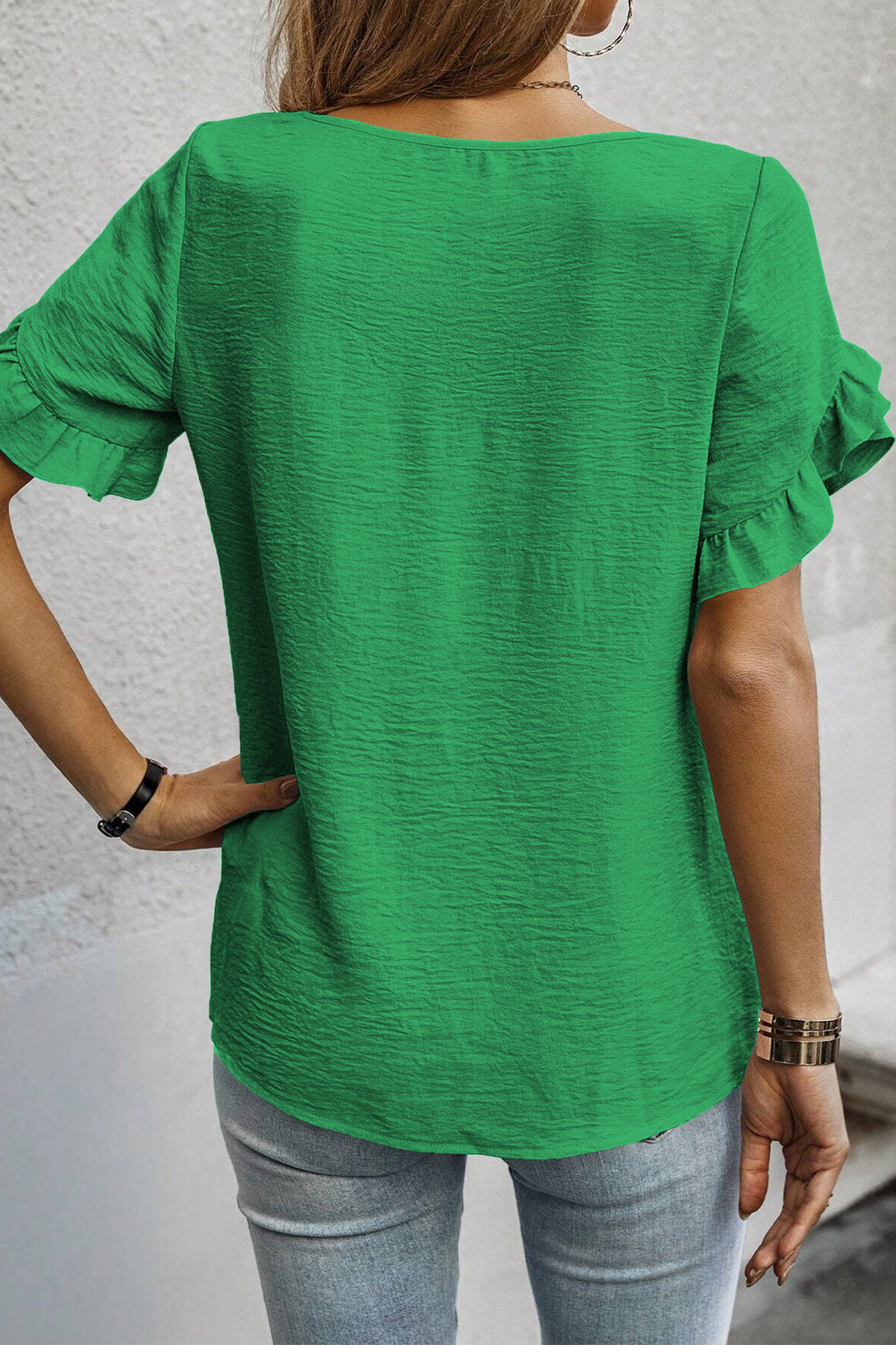 Sea Green Solid Color Ruffle Trim Short Sleeve Blouse