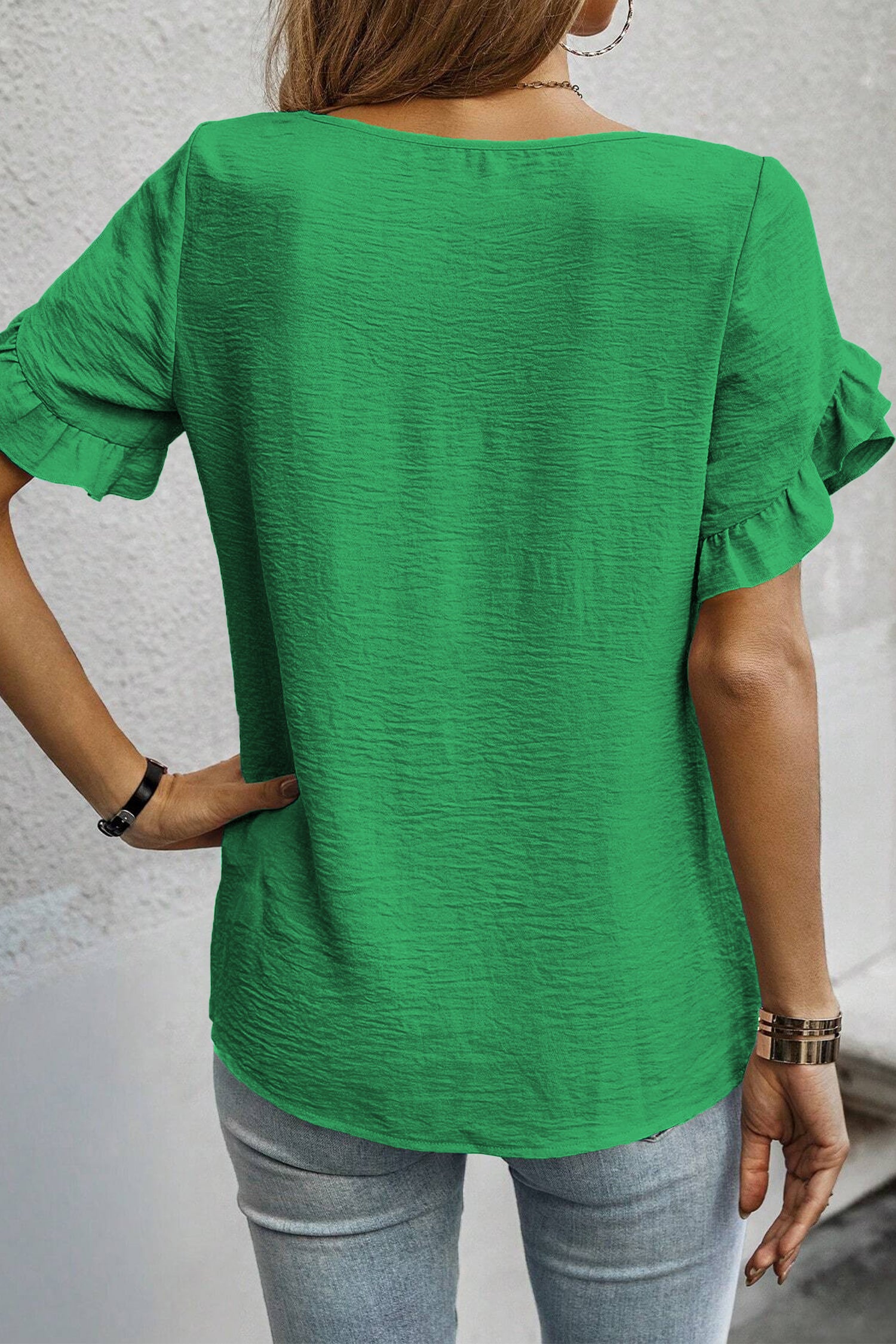 Sea Green Solid Color Ruffle Trim Short Sleeve Blouse