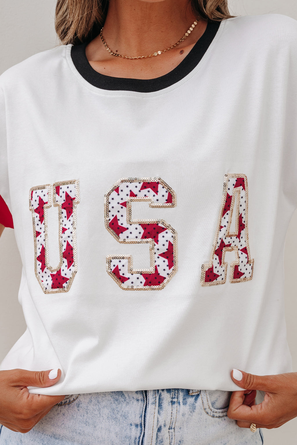 White USA Sequin Color Block Trim Loose T Shirt