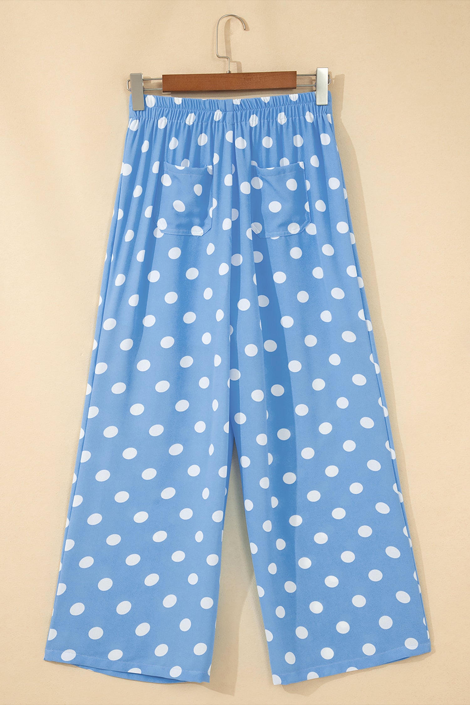 Sky Blue Polka Dot Print Patched Pocket Mid-rise Straight Leg Pants