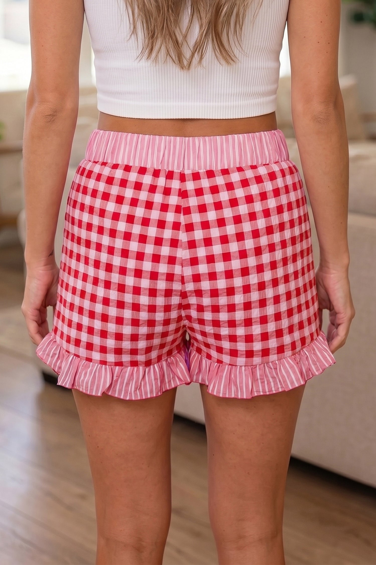 Red Gingham Print Ruffle Striped Detail Lace Tie Shorts