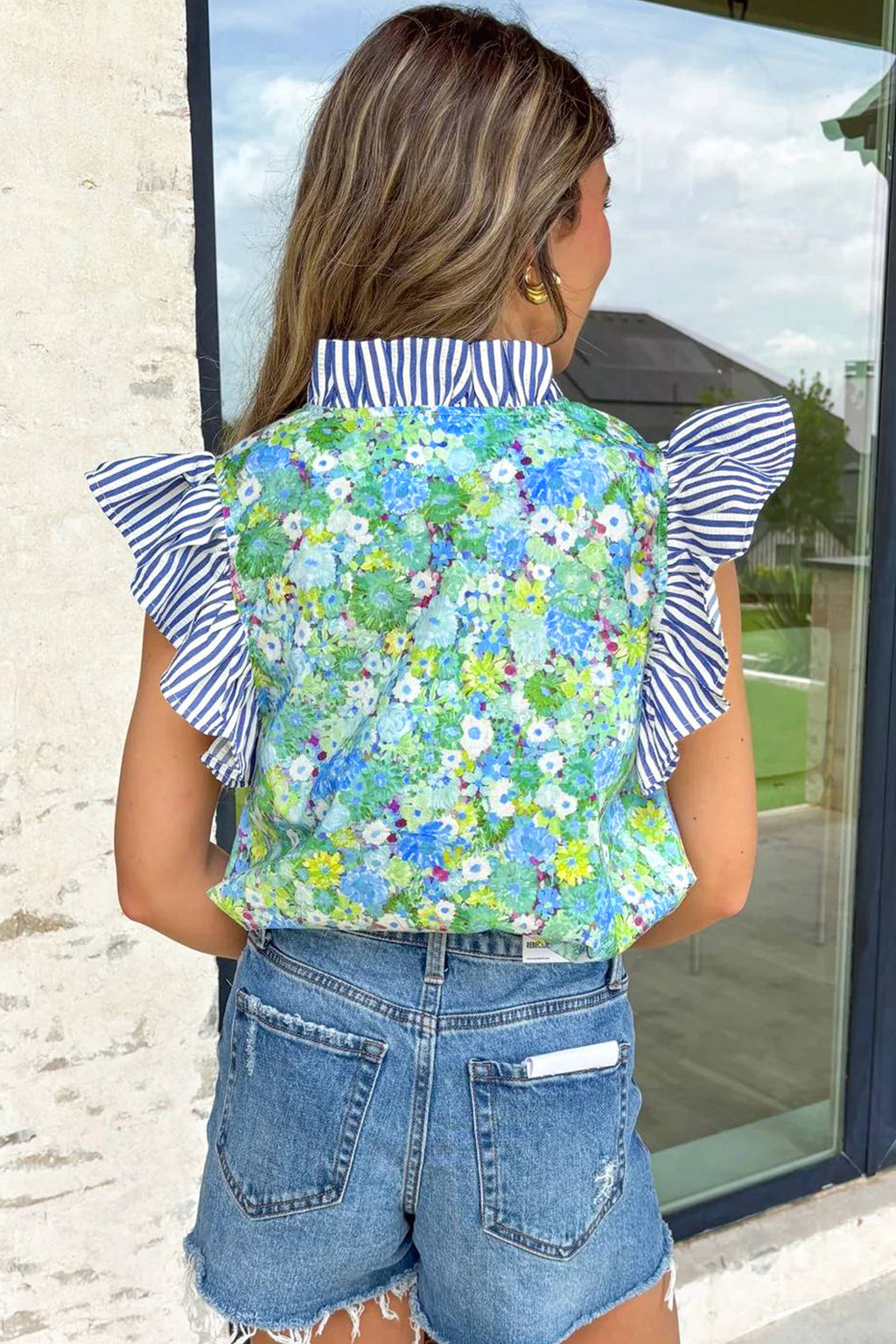 Green Floral Painting Print Striped Patchwork Flutter Sleeve V Neck Blouse