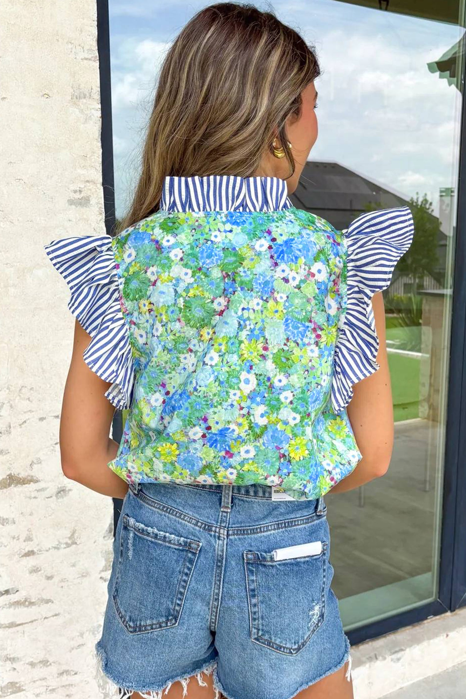 Green Floral Painting Print Striped Patchwork Flutter Sleeve V Neck Blouse