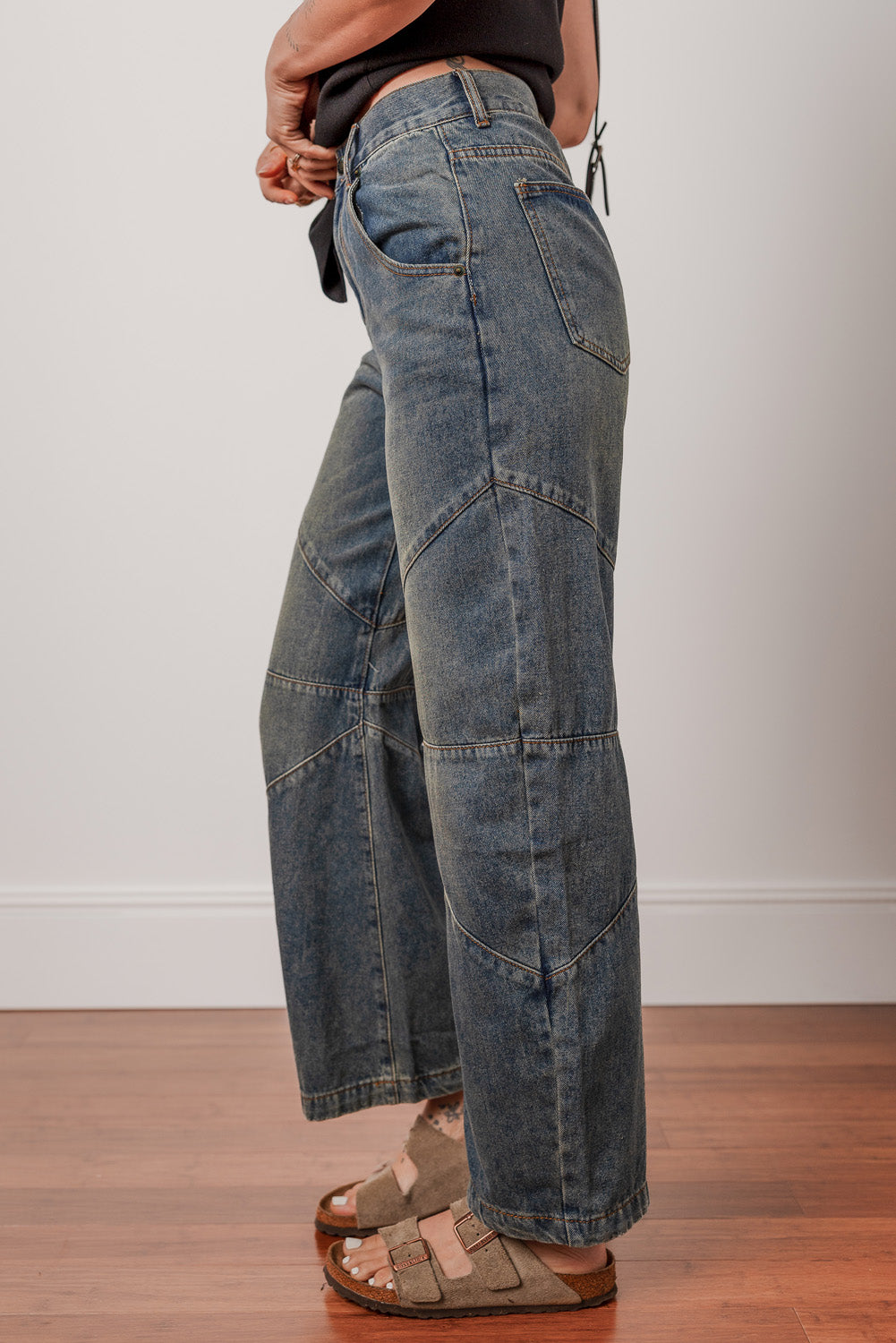 Sail Blue Exposed Stitching Loose Straight High Waist Barrel Jeans