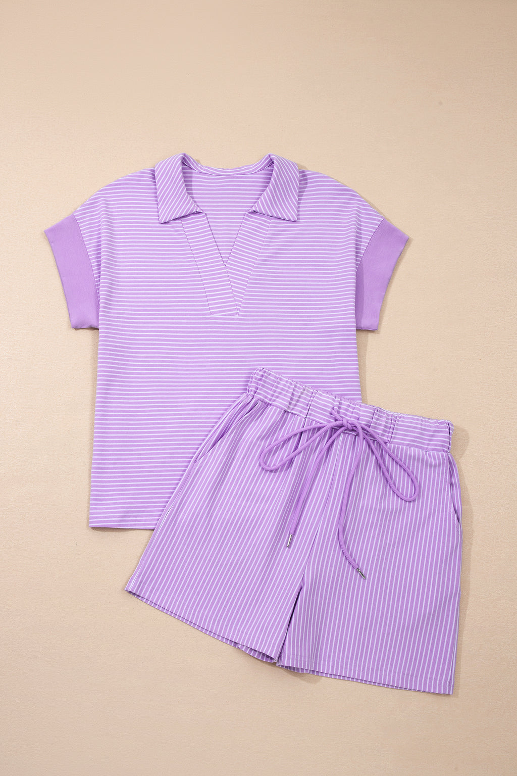 Purple Stripe Dolman Sleeve Polo Shirt and Drawstring Shorts Set