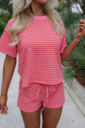 Rose Stripe Side Split Knit Tee Drawstring Shorts Set