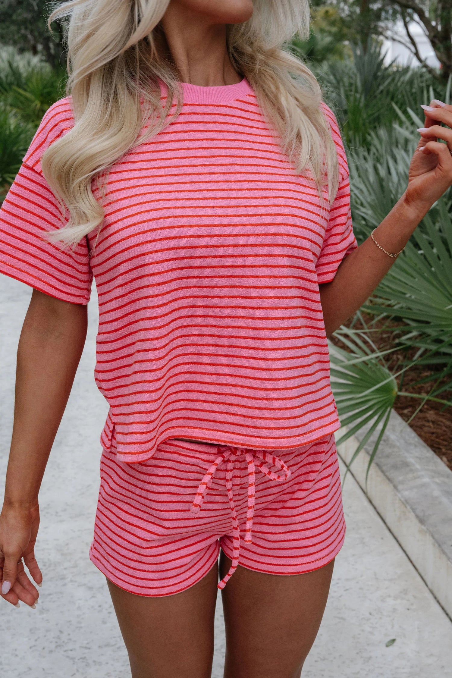 Rose Stripe Side Split Knit Tee Drawstring Shorts Set