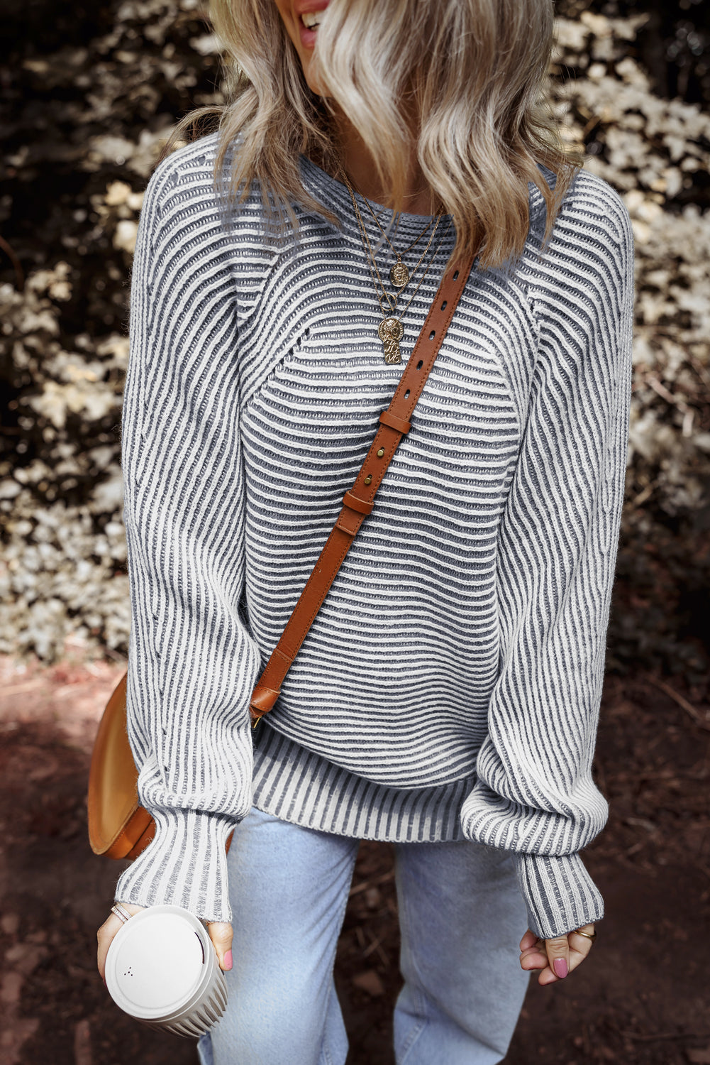 Ashleigh Blue Striped Print Ribbed Knit Boat Neck Baggy Sweater