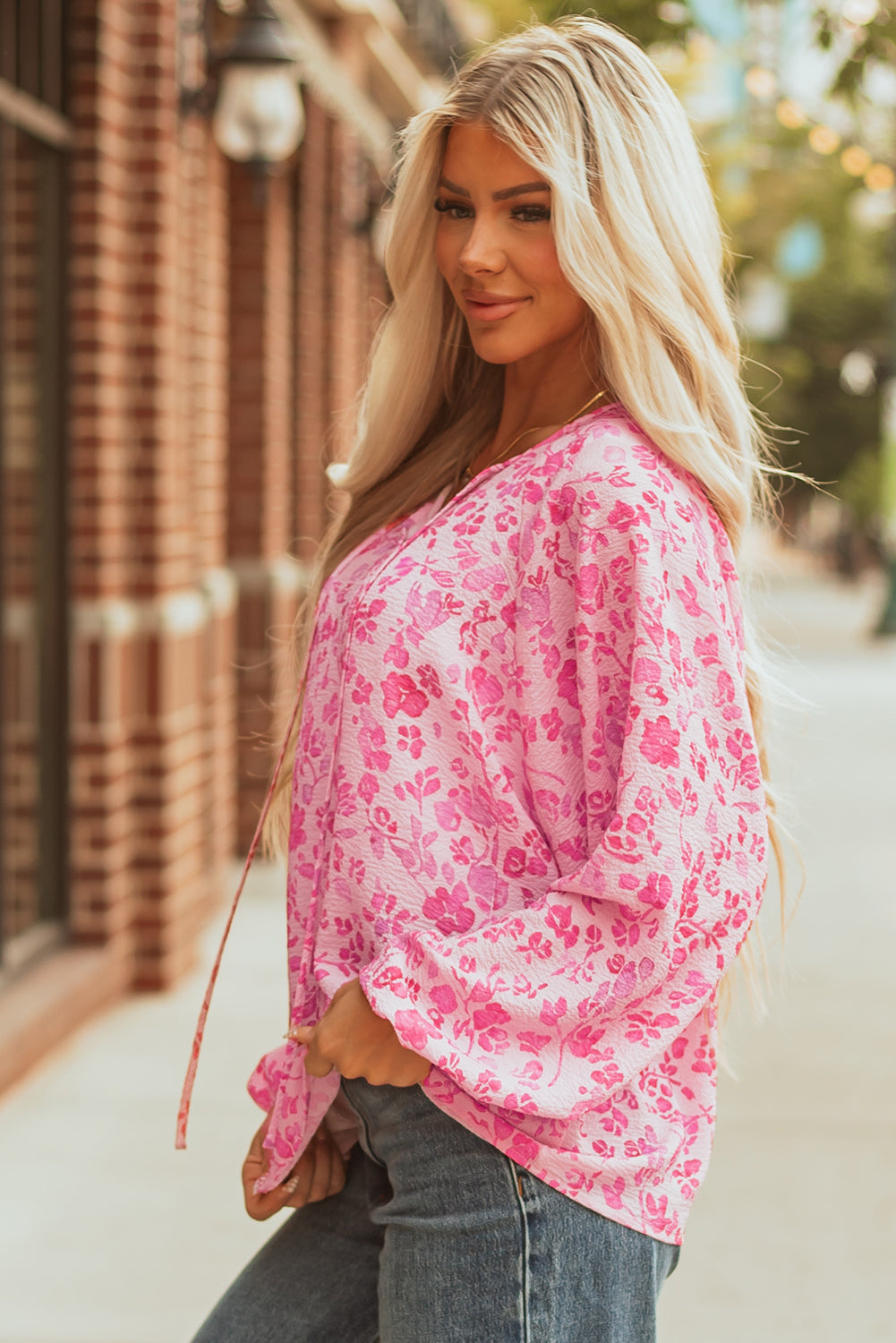 Pink Floral Puff Sleeve Split Neck Lightweight Blouse