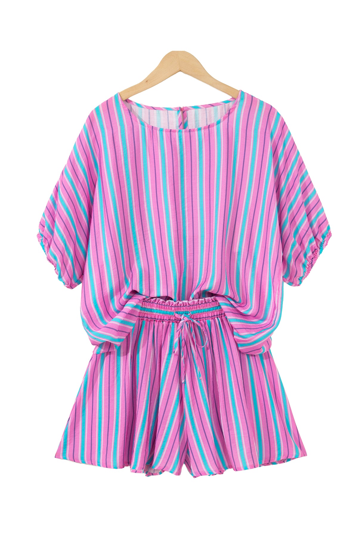 Pink Stripe Dolman Short Sleeve Blouse Drawstring Elastic Waist Loose Short Set