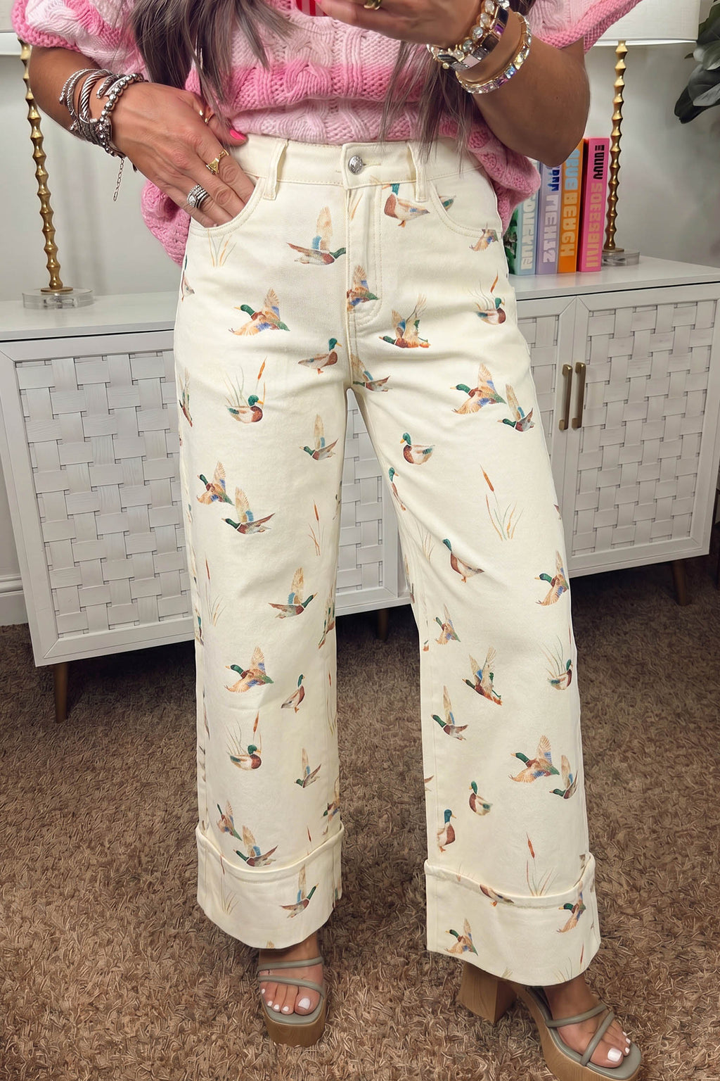 Beige Stylish Mallard Printed Cuffed Hem Shift Jeans