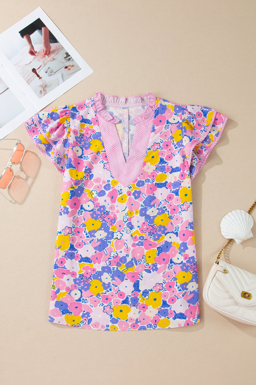 Pink Playful Floral Print Striped Color Block Patchwork V Neck Flutter Sleeve Blouse