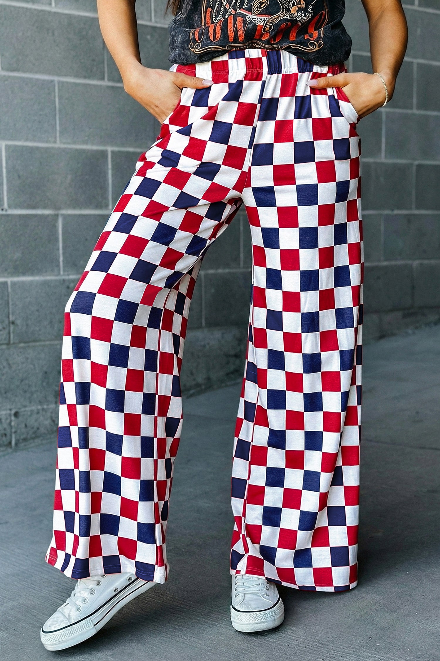 Red 2-Tone Checked Print High Waist Wide Leg Pants