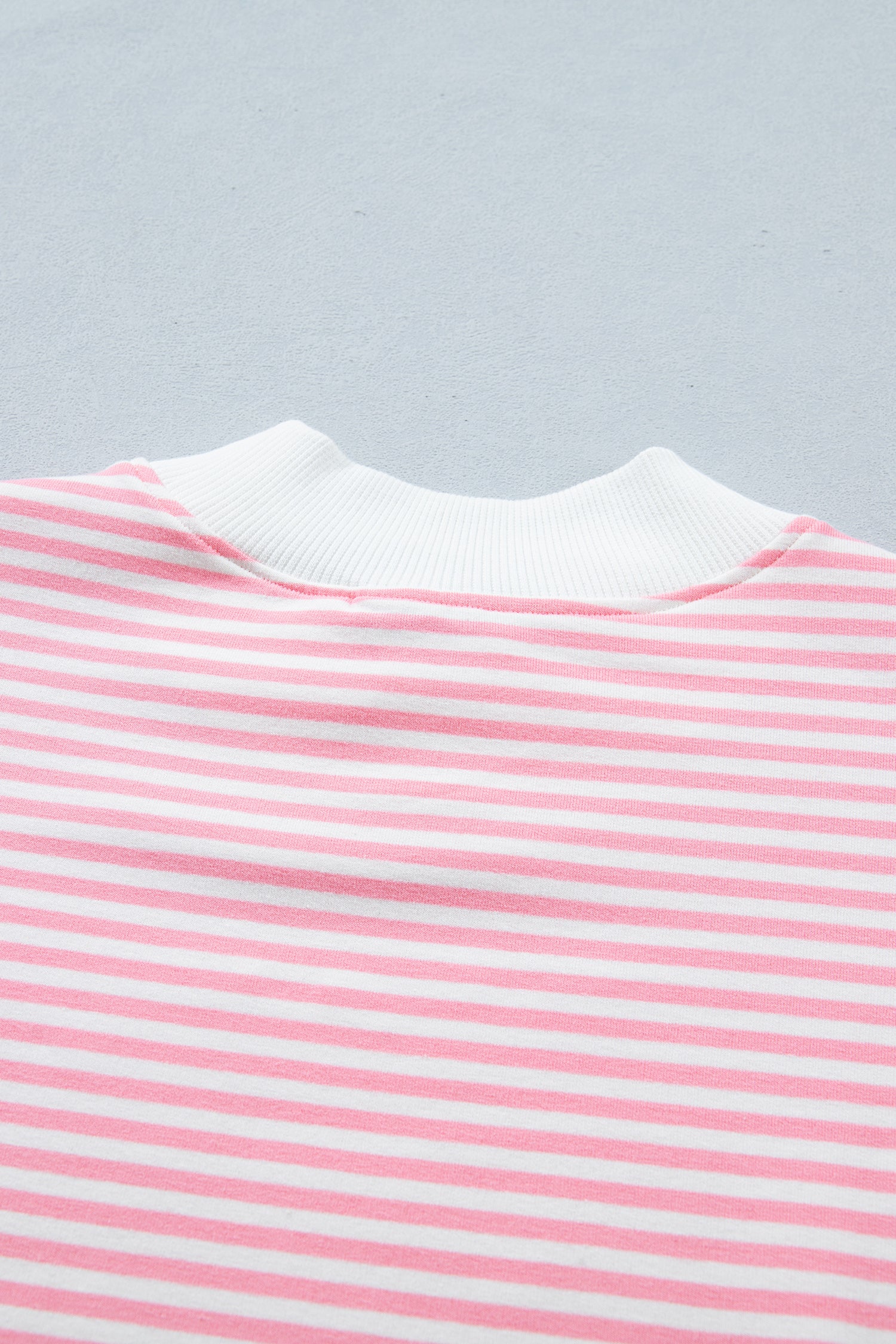 Pink Stripe Cuffed Sleeve Contrast Mock Neck Tee Casual 2pcs Short Set