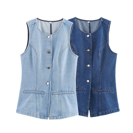 Design Tight Waist Two Colors Denim Waistcoat Vest