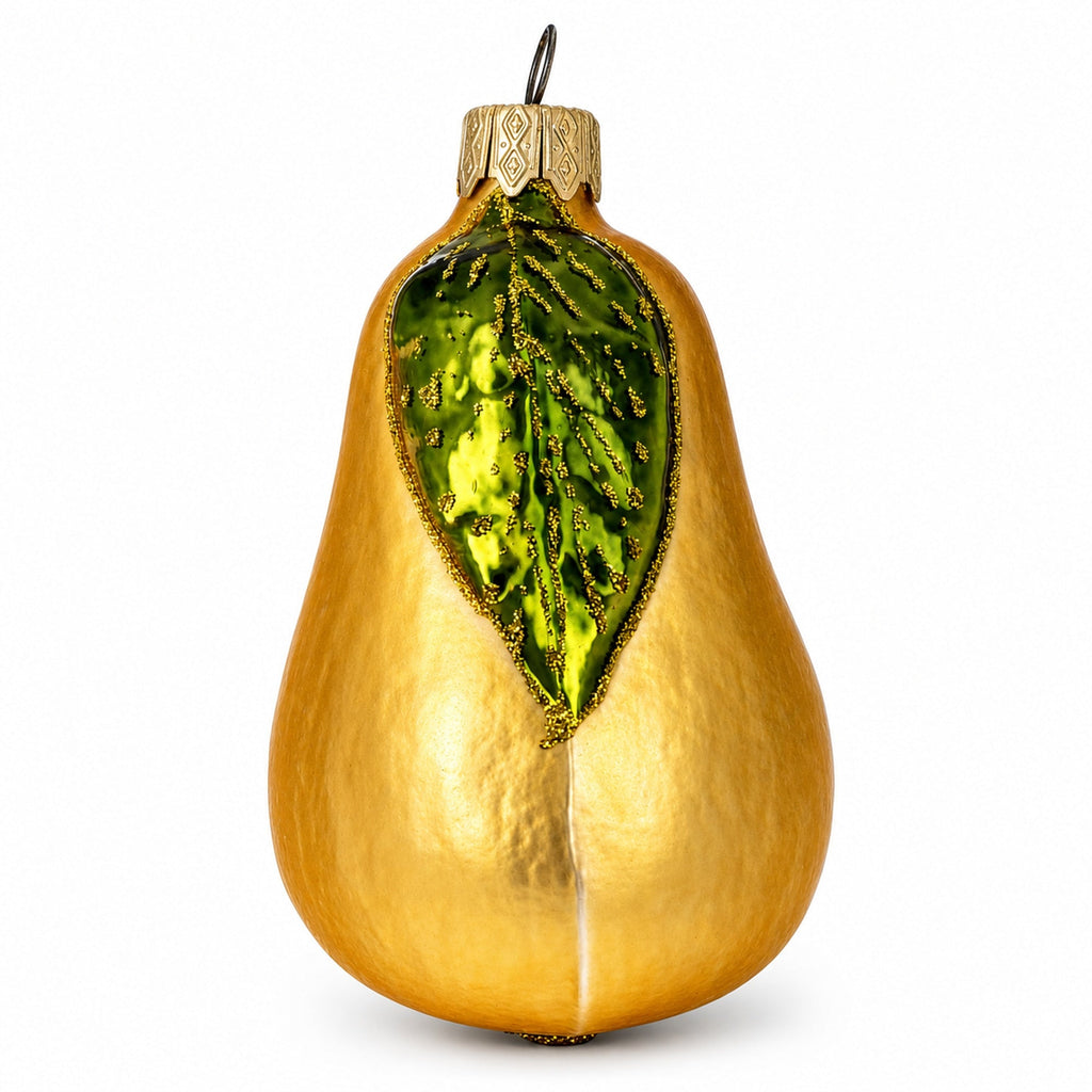 Pear with Green Leaf Glass Christmas Ornament 3.8 Inches
