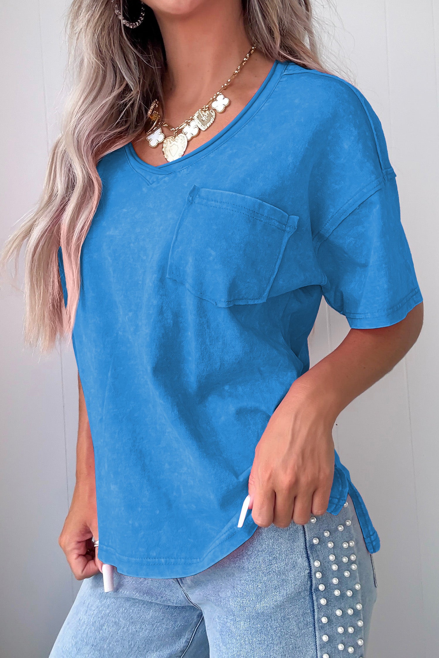 Blue Cotton Mineral Wash T Shirt