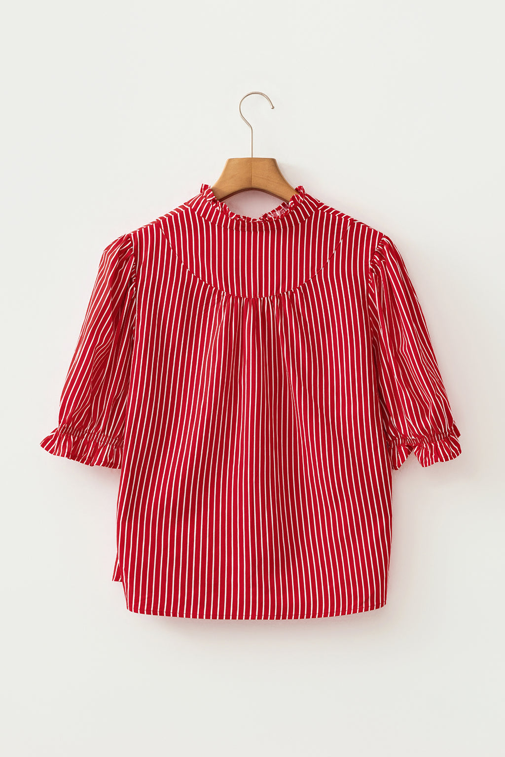 Red Stripe Ruffled Short Puff Sleeve Button Front Blouse