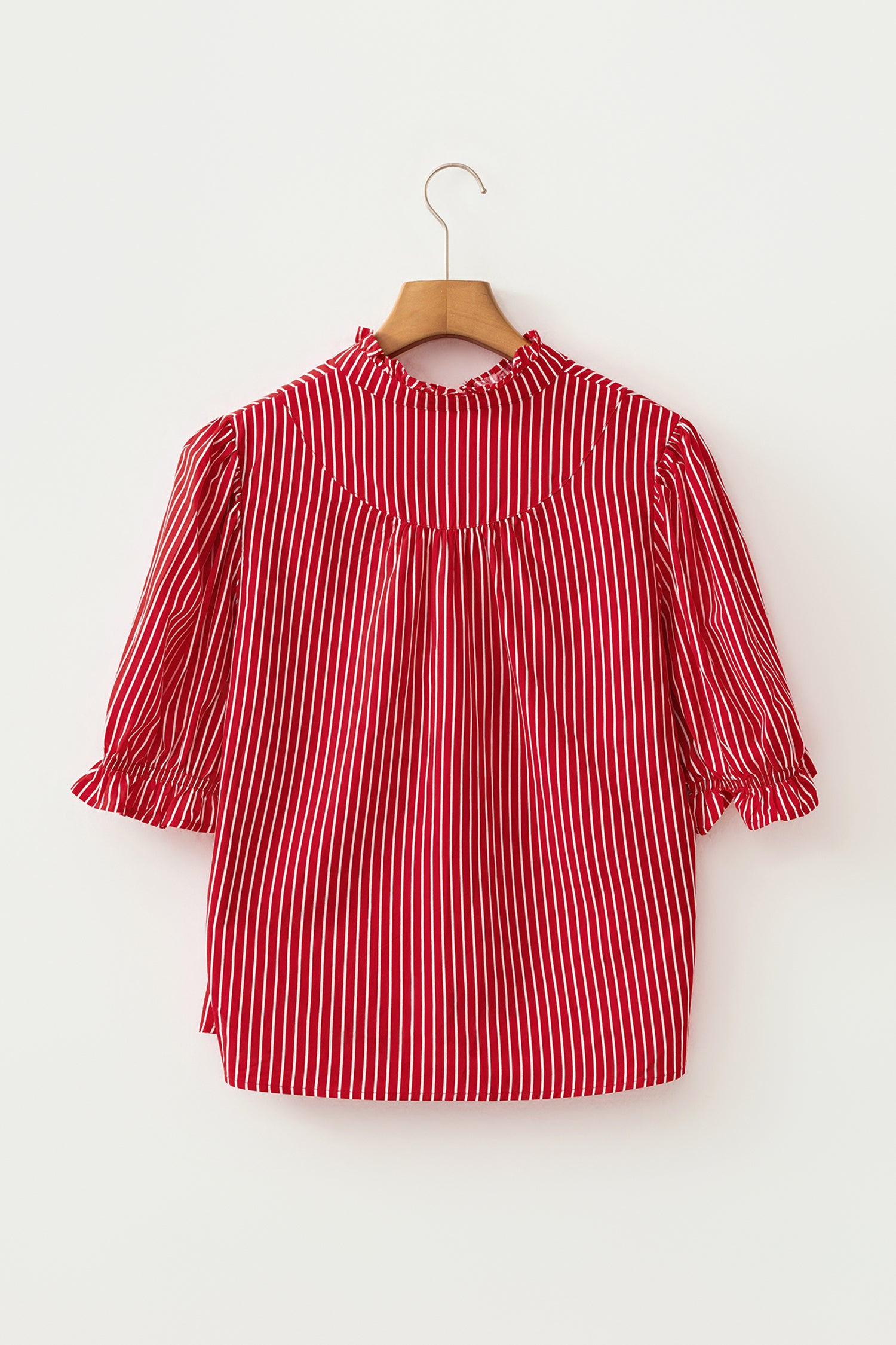 Red Stripe Ruffled Short Puff Sleeve Button Front Blouse
