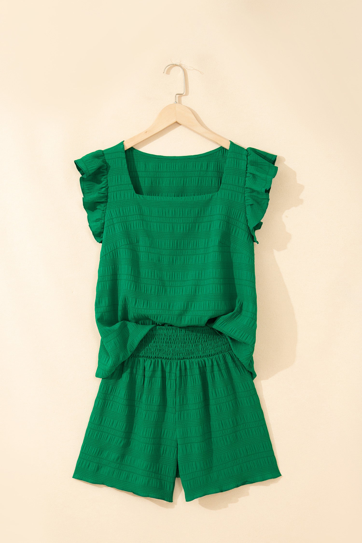 Dark Green Textured Square Neck Top and Shirred High Waist Shorts Set
