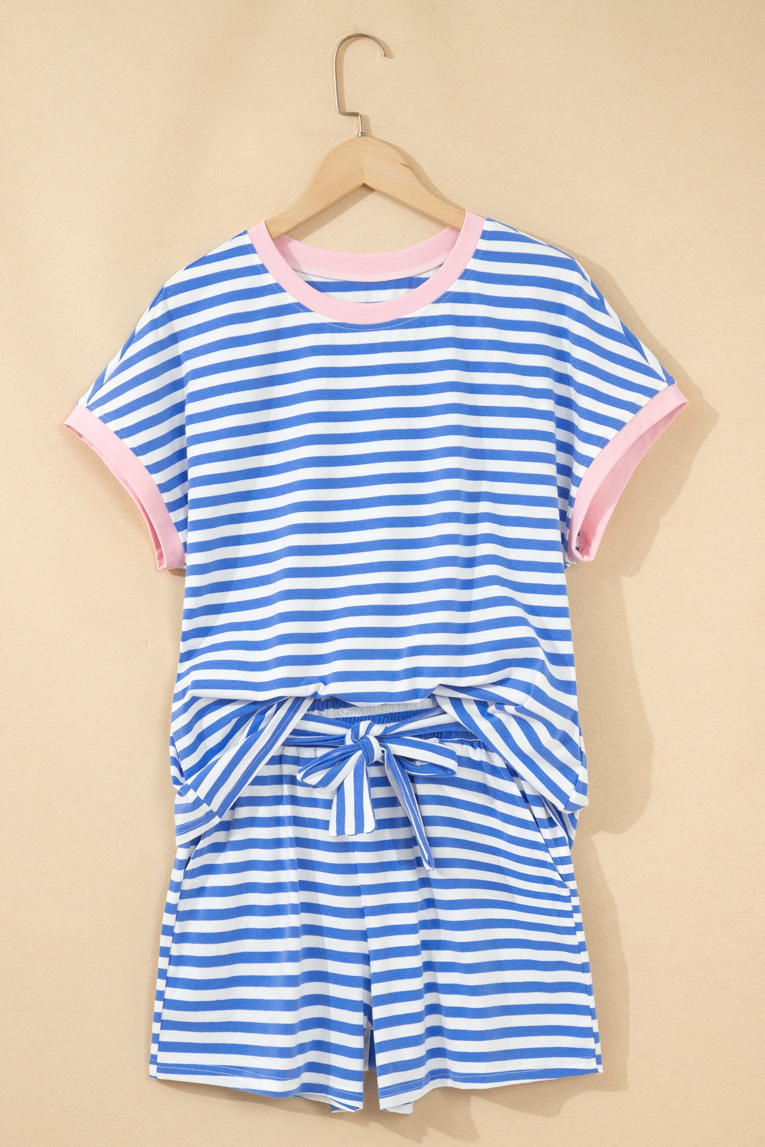 Sky Blue Stripe Contrast Trim Crew Neck Tee Knot Shorts 2pcs Set
