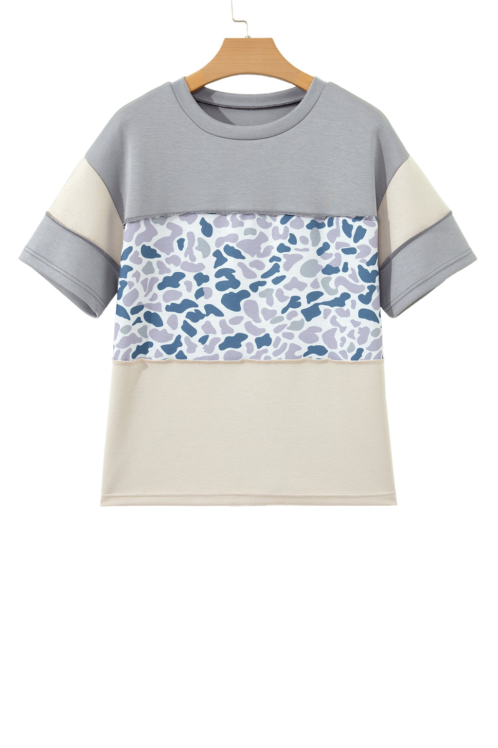 Gray Raw Seam Color Block Camouflage Patchwork Casual Tee