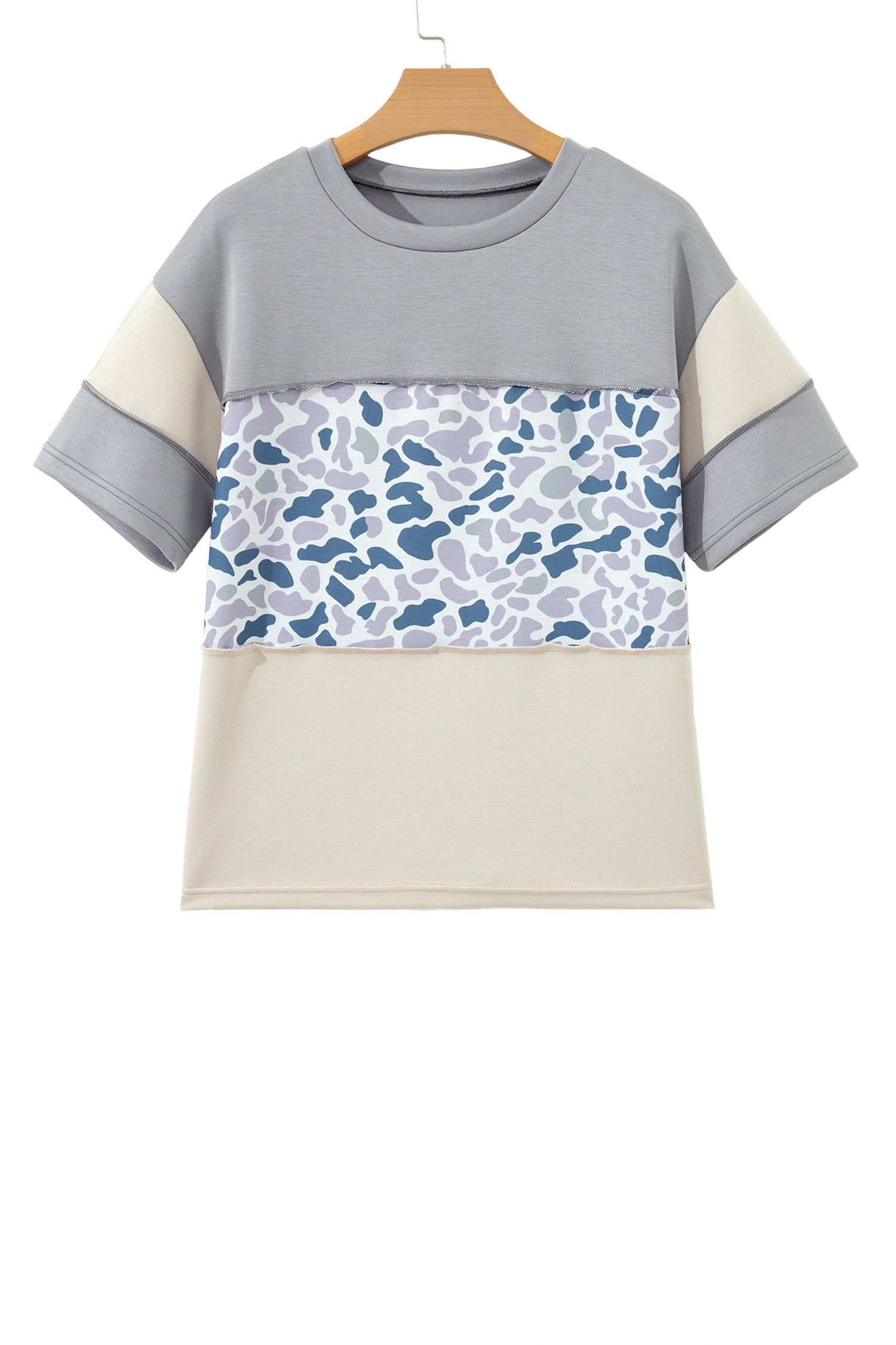 Gray Raw Seam Color Block Camouflage Patchwork Casual Tee