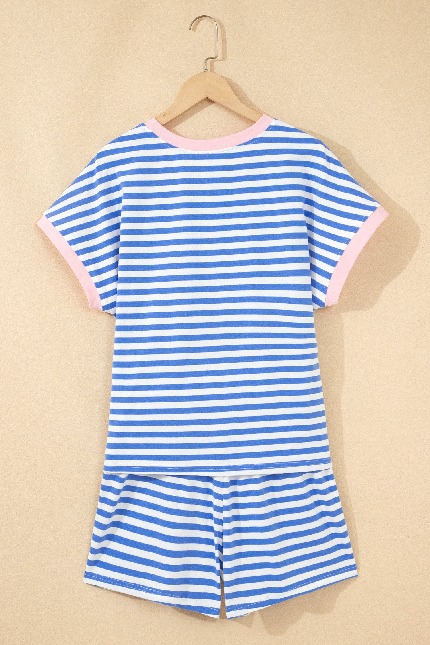 Sky Blue Stripe Contrast Trim Crew Neck Tee Knot Shorts 2pcs Set