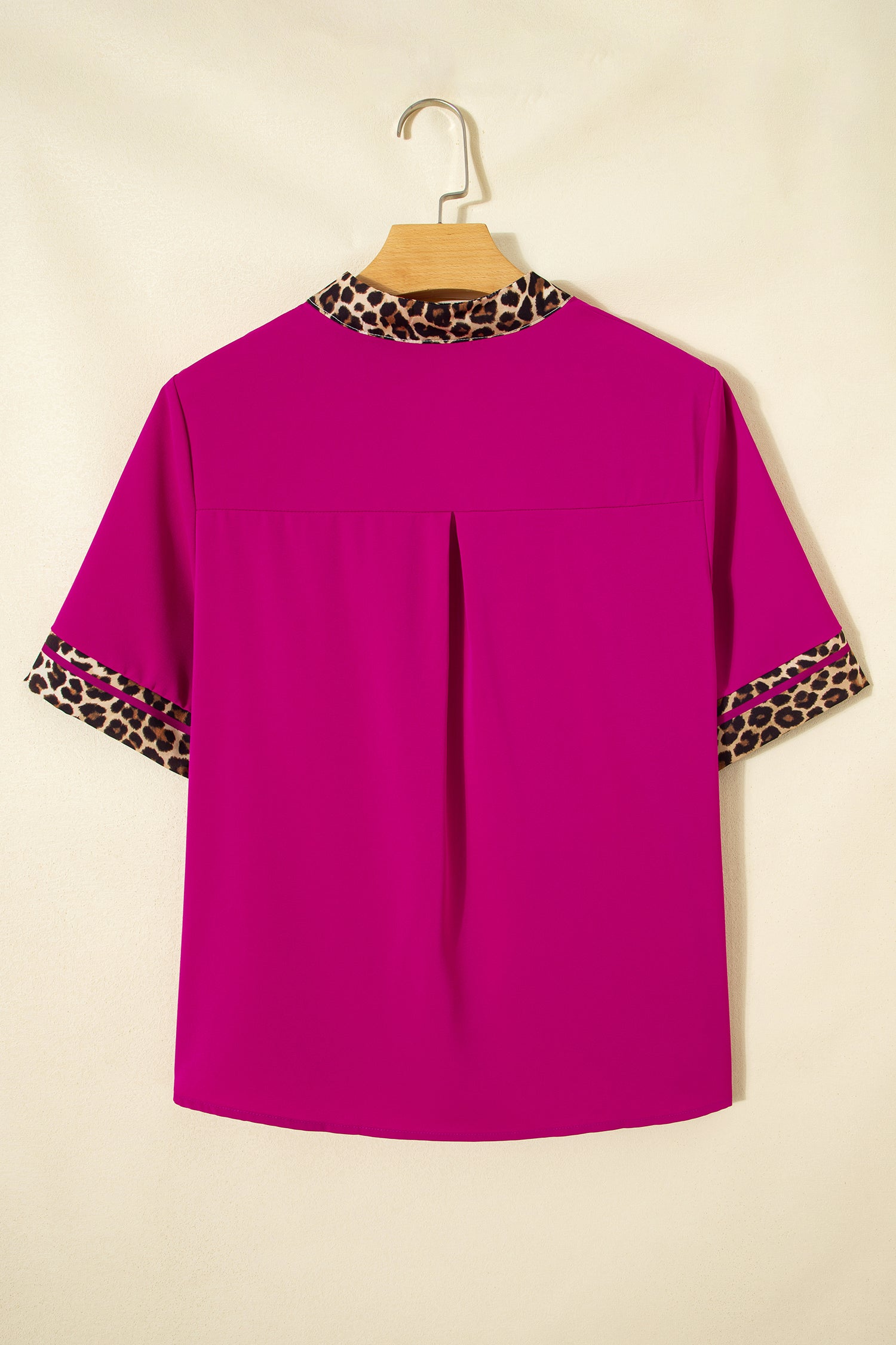 Violet Leopard Patchwork Trim Split Neck Short Sleeve Blouse