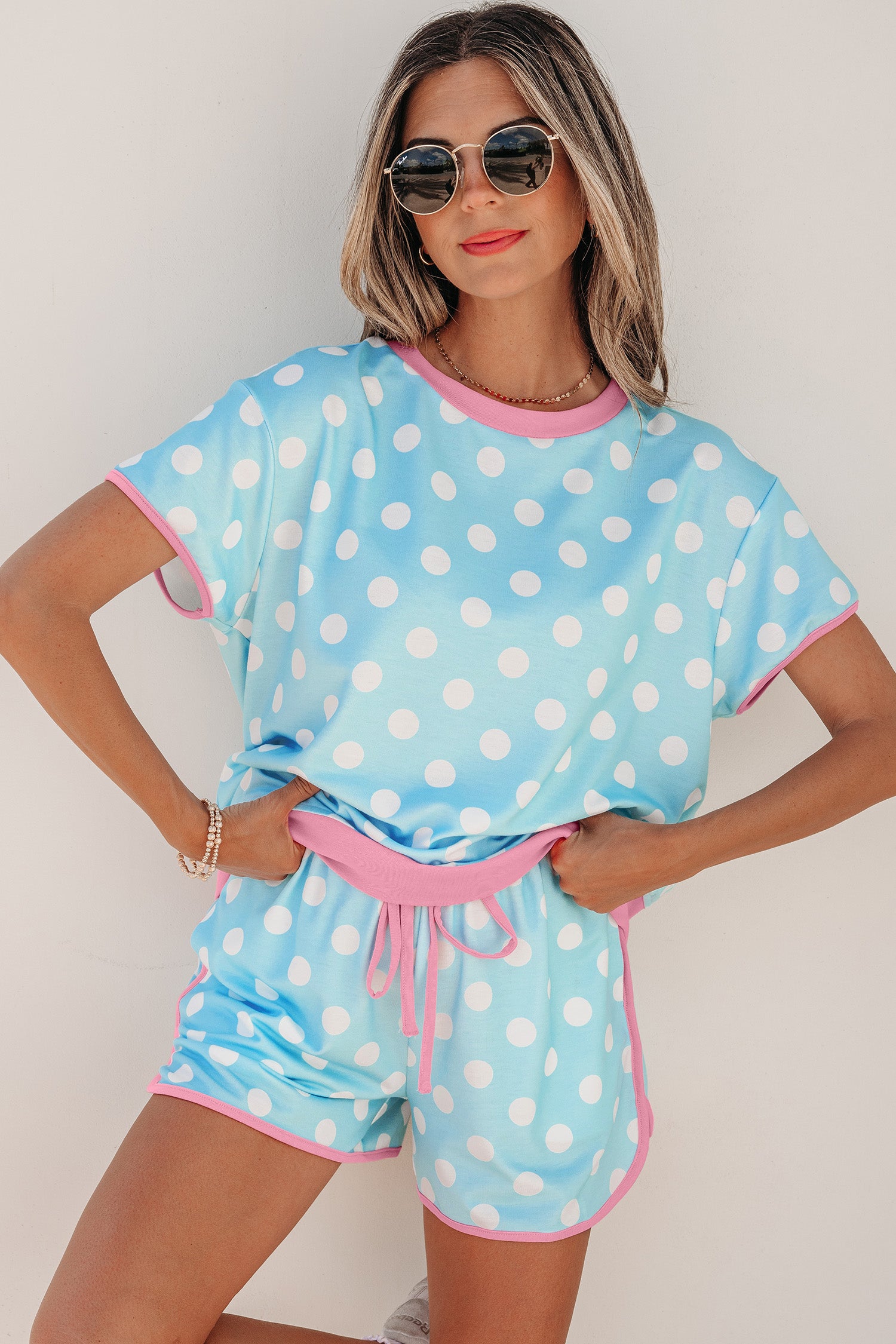 Sky Blue Polka Dot Contrast Edge Casual Short Set