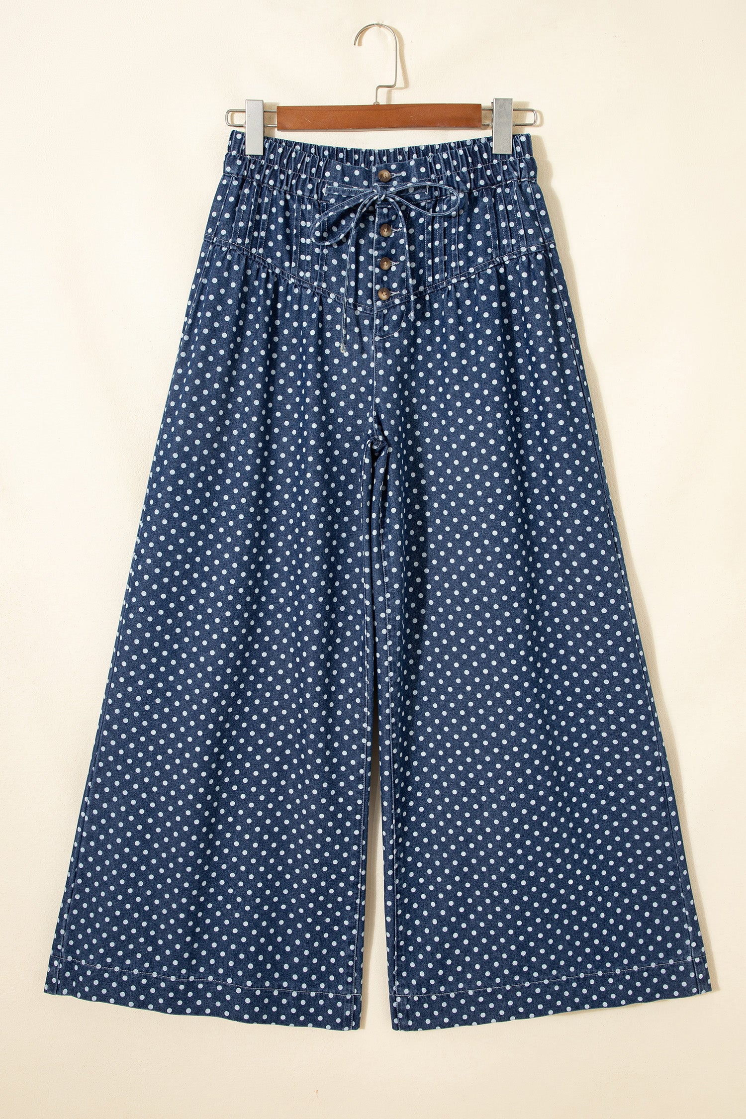 Sky Blue Polka Dot Print Button Pleated Detail Wide Leg Jeans