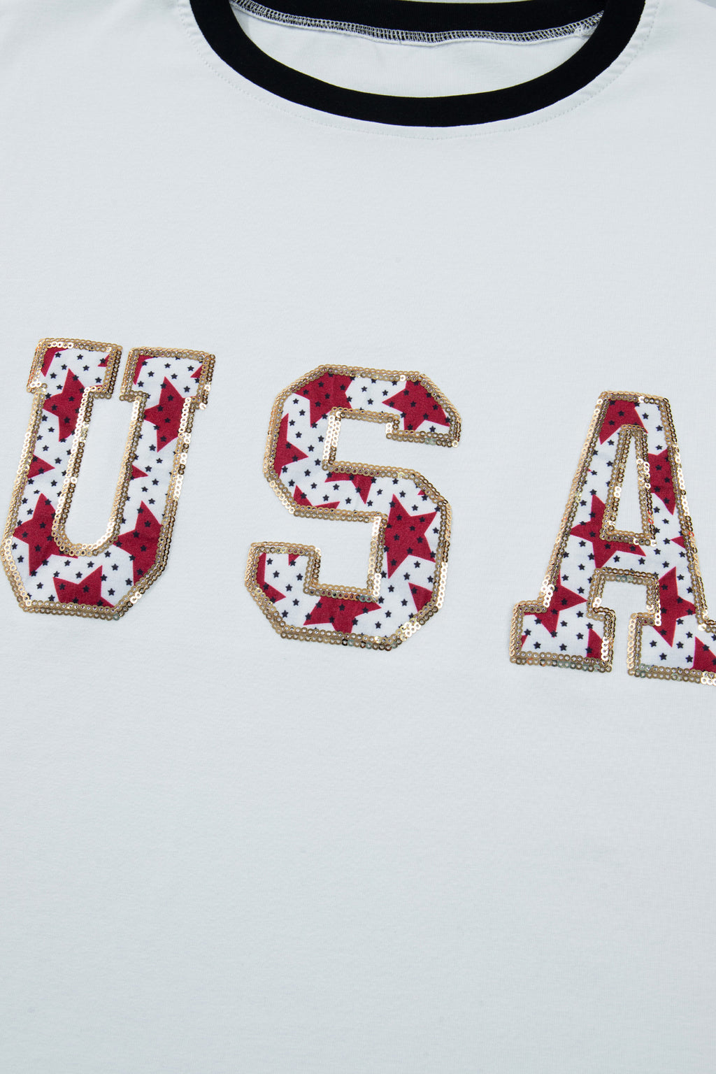 White USA Sequin Color Block Trim Loose T Shirt