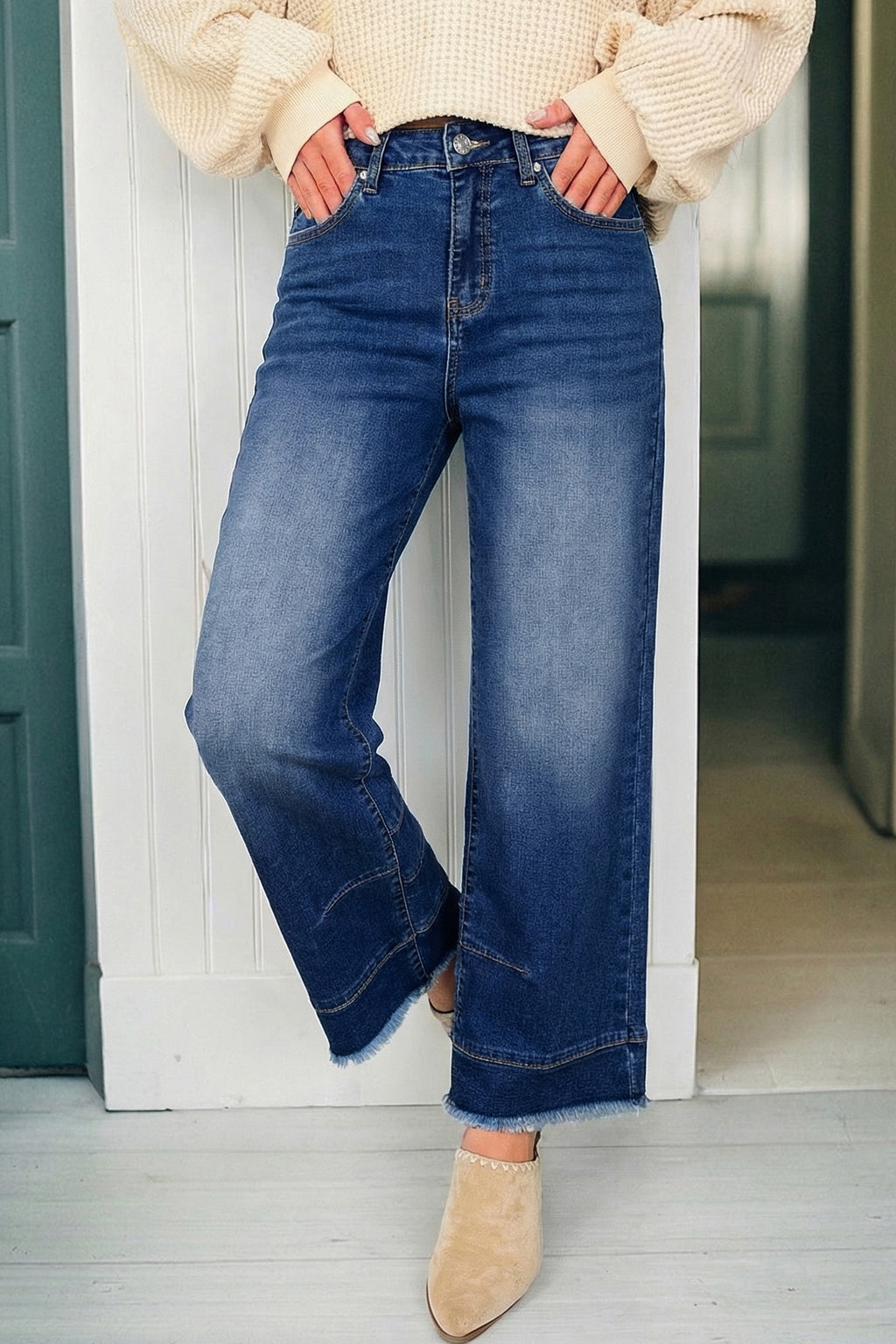 Sky Blue Chic Seam Detail Raw Hem Ankle Length Jeans