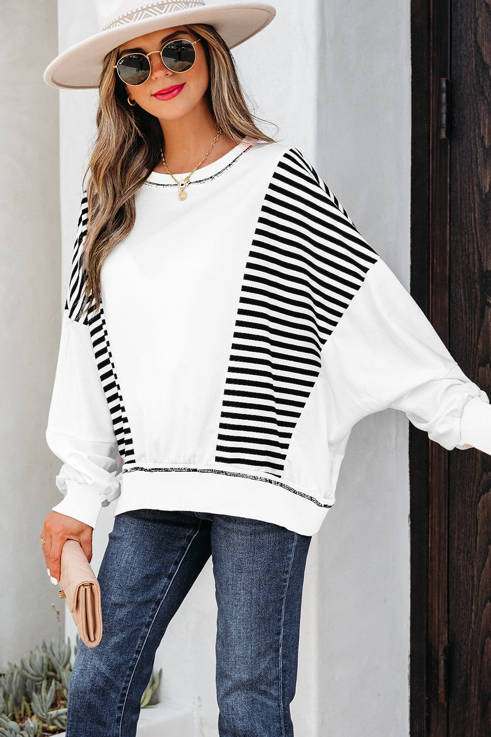 White Stripe Colorblock Patchwork Contrast Stitching Oversize Sweatshirt