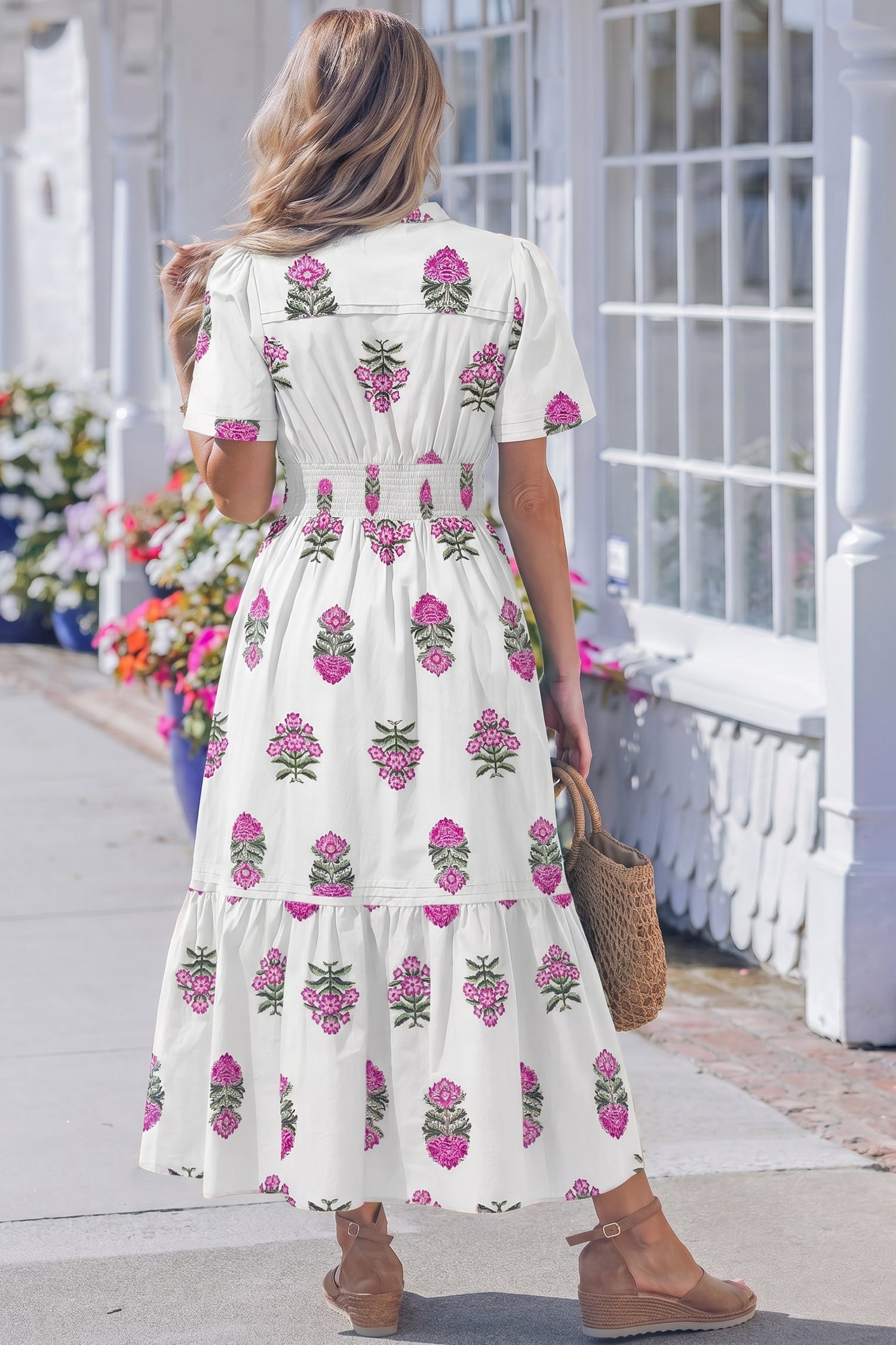 White Floral Print Split Neck Shirred High Waist Ruffle Hem Maxi Dress