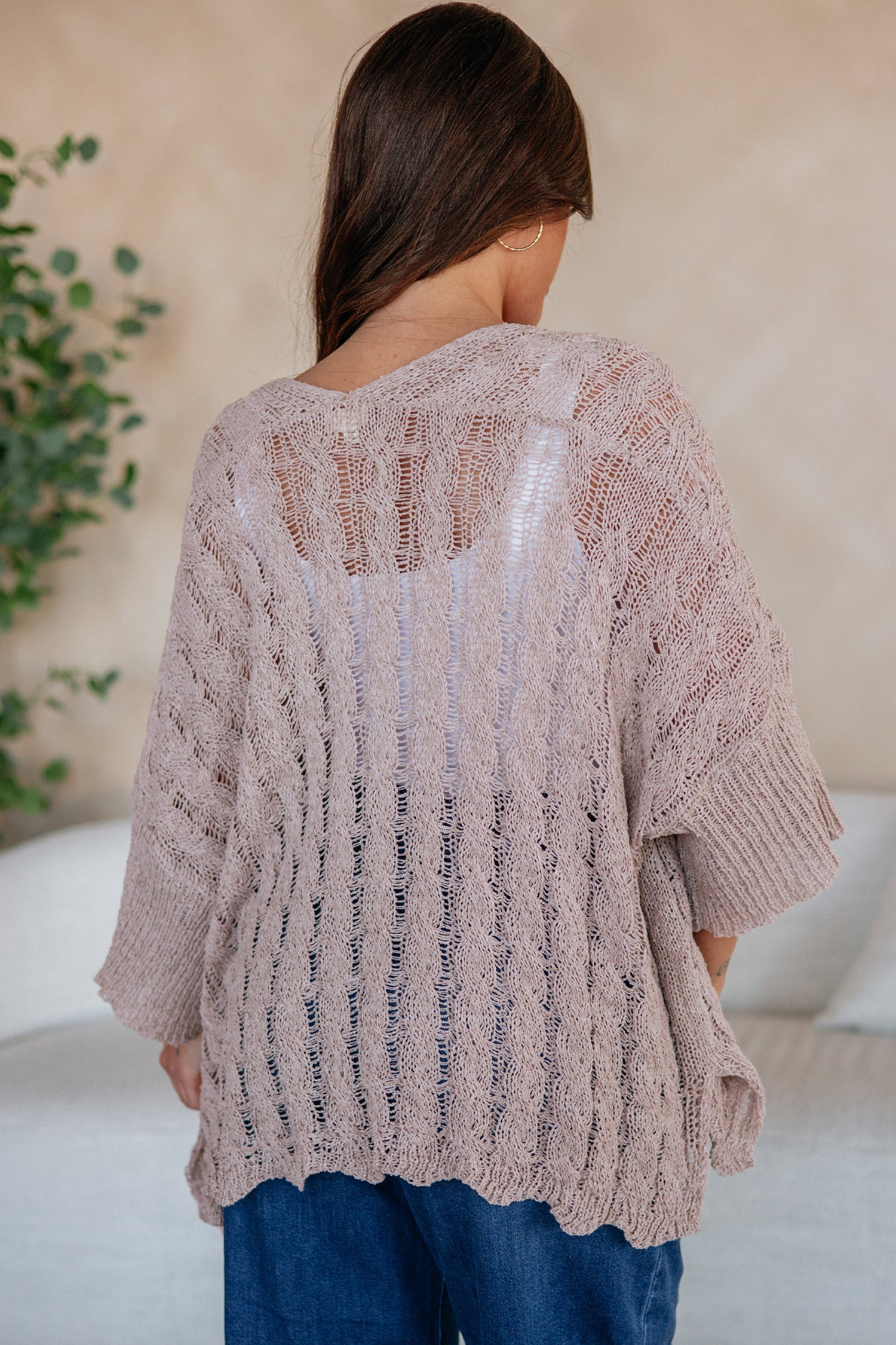 Pink Drop Shoulder Crochet Knit Open Front Cardigan