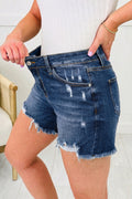 Sail Blue Asymmetric Raw Hem Distressed Whiskery Denim Shorts