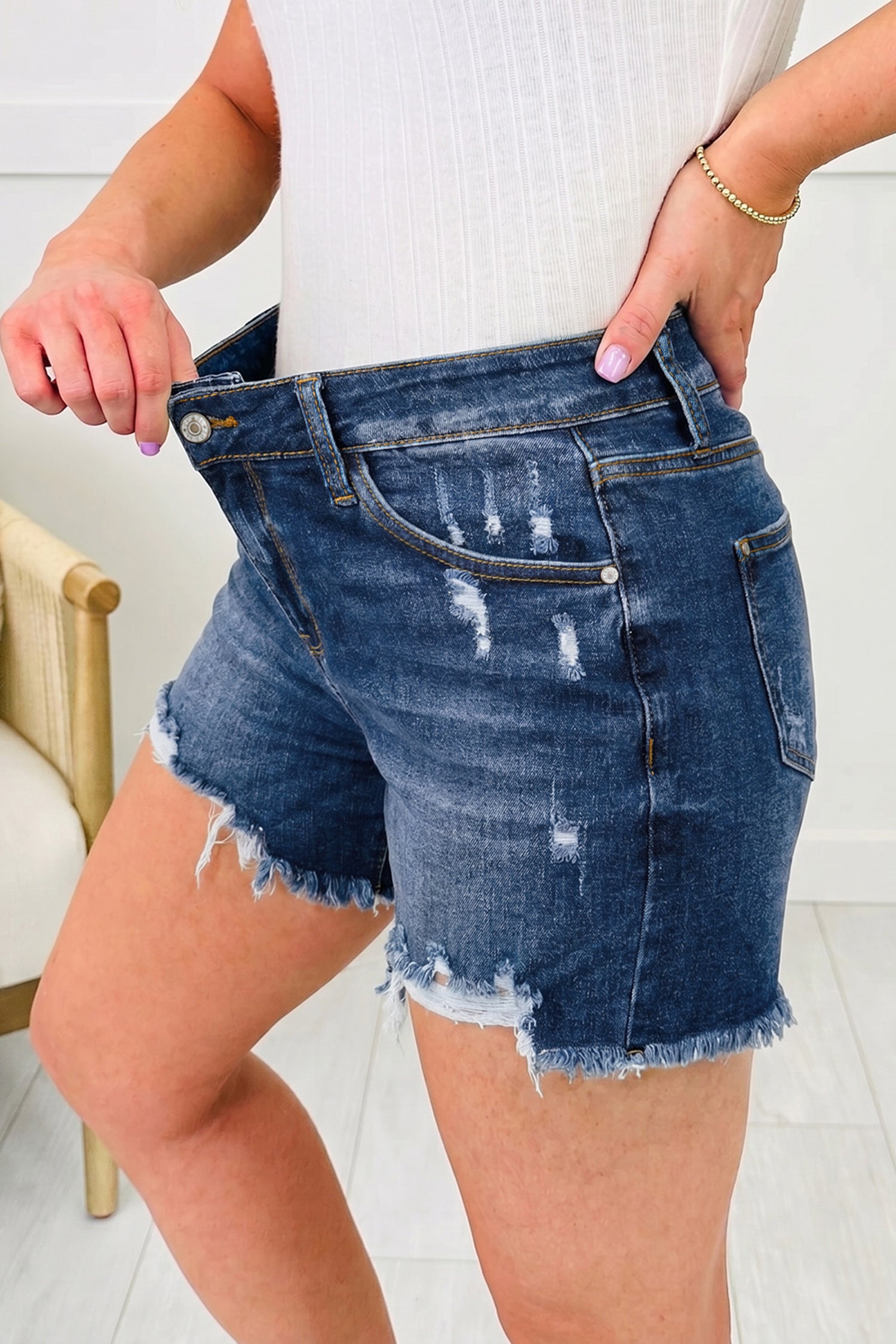 Sail Blue Asymmetric Raw Hem Distressed Whiskery Denim Shorts