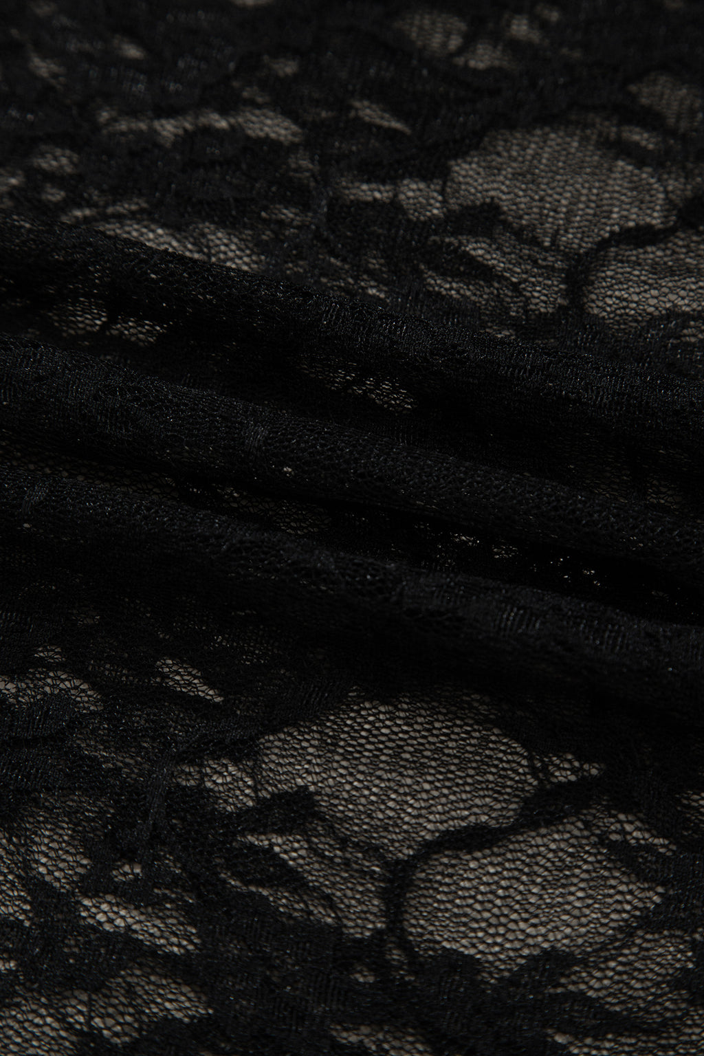 Black Sheer Floral Lace Lettuce Trim Mock Neck Long Sleeve Top