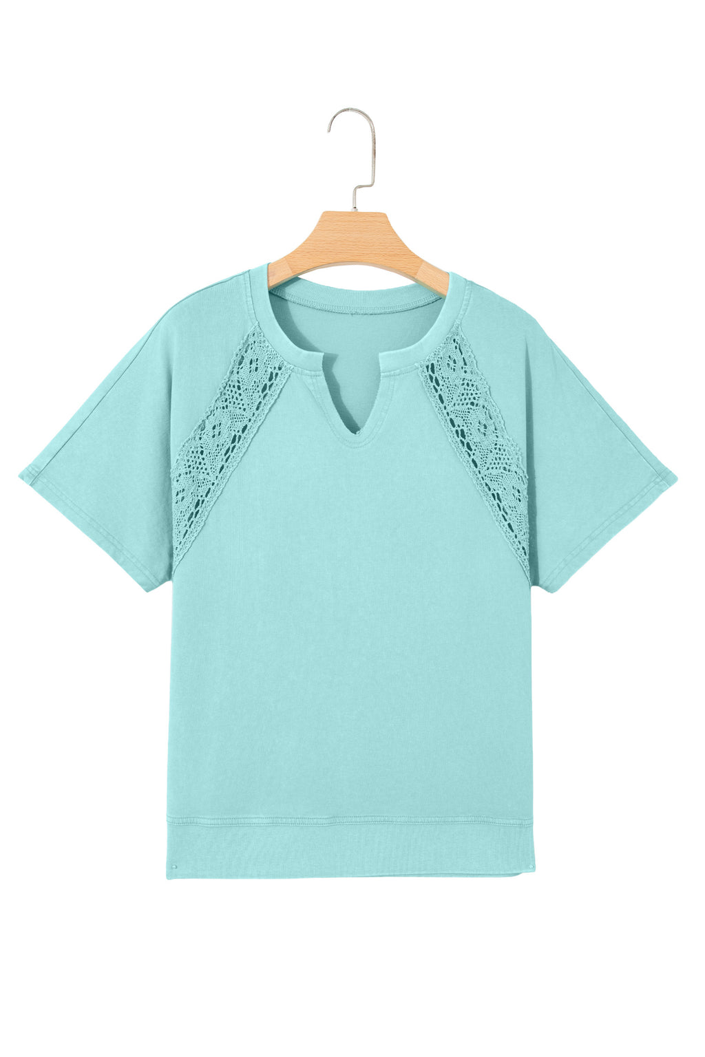 Mint Green Raw Cut Notched Neck Lace Patchwork Detail Mineral Wash Tee