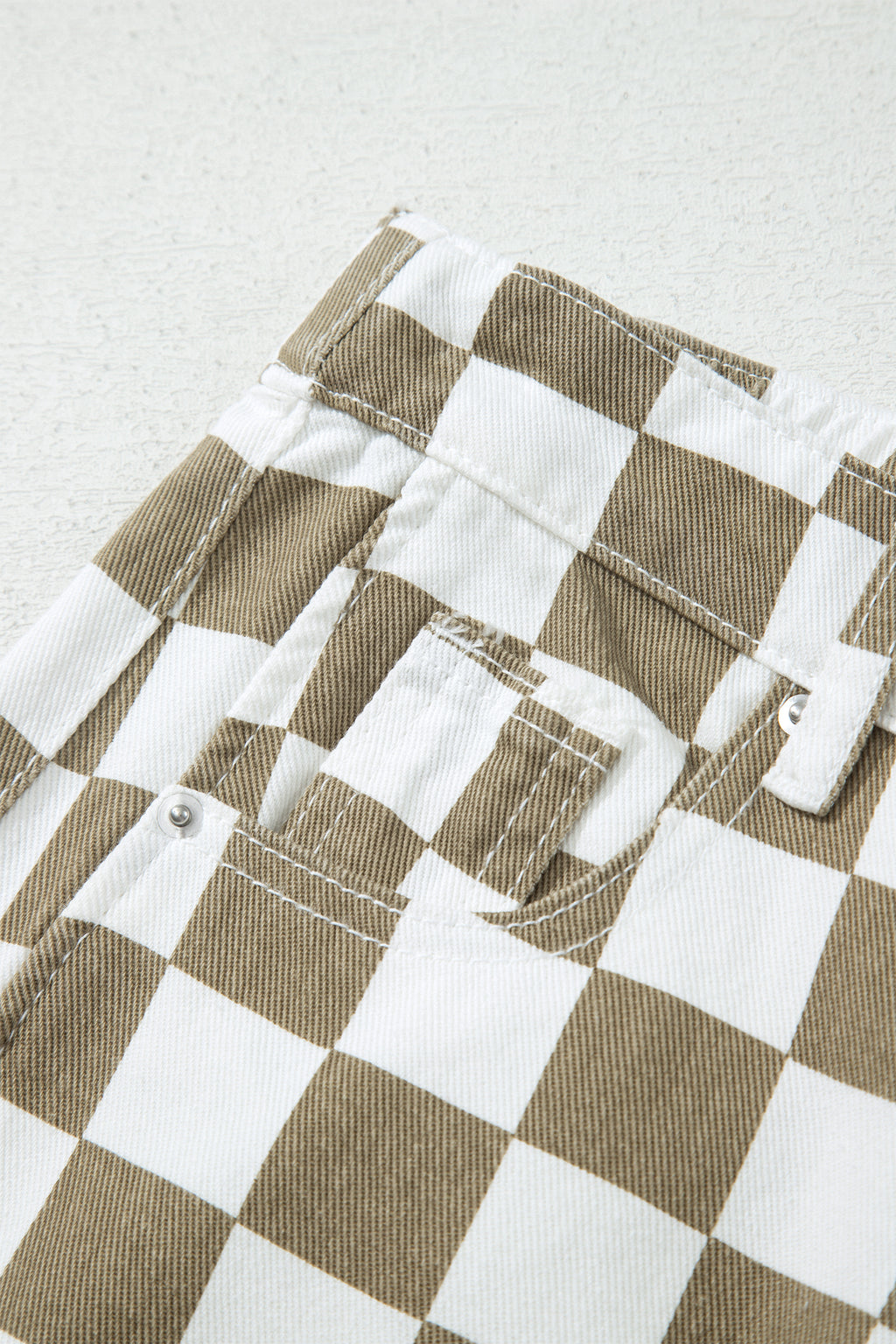 White Checkered Print Denim Barrel Pants