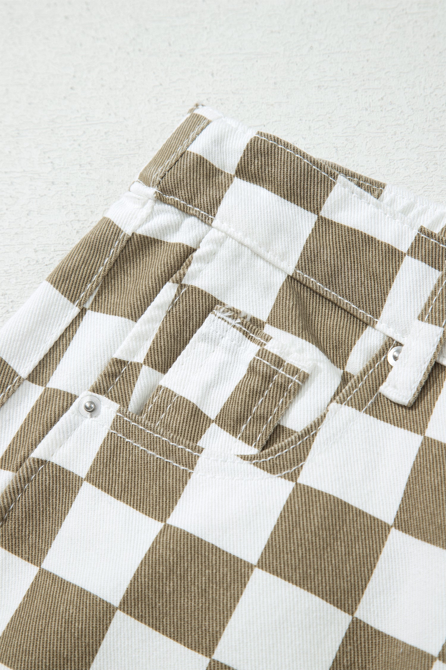 White Checkered Print Denim Barrel Pants