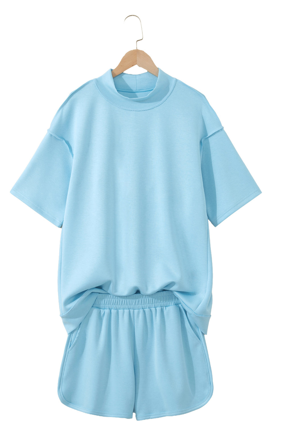 Mist Blue Solid Color Exposed Seam Mock Neck Oversize Tee Casual Shorts 2pcs Outfit