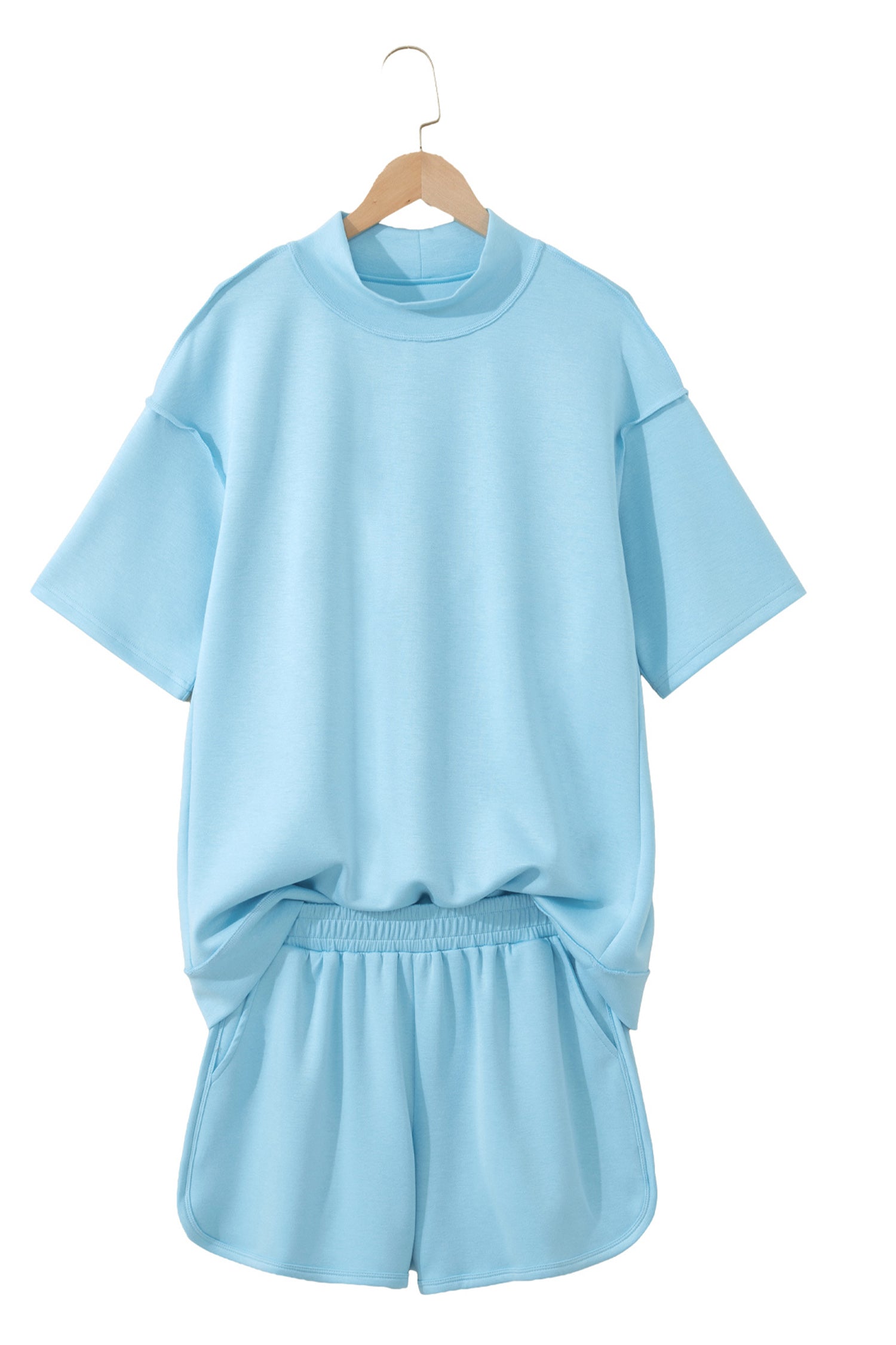 Mist Blue Solid Color Exposed Seam Mock Neck Oversize Tee Casual Shorts 2pcs Outfit