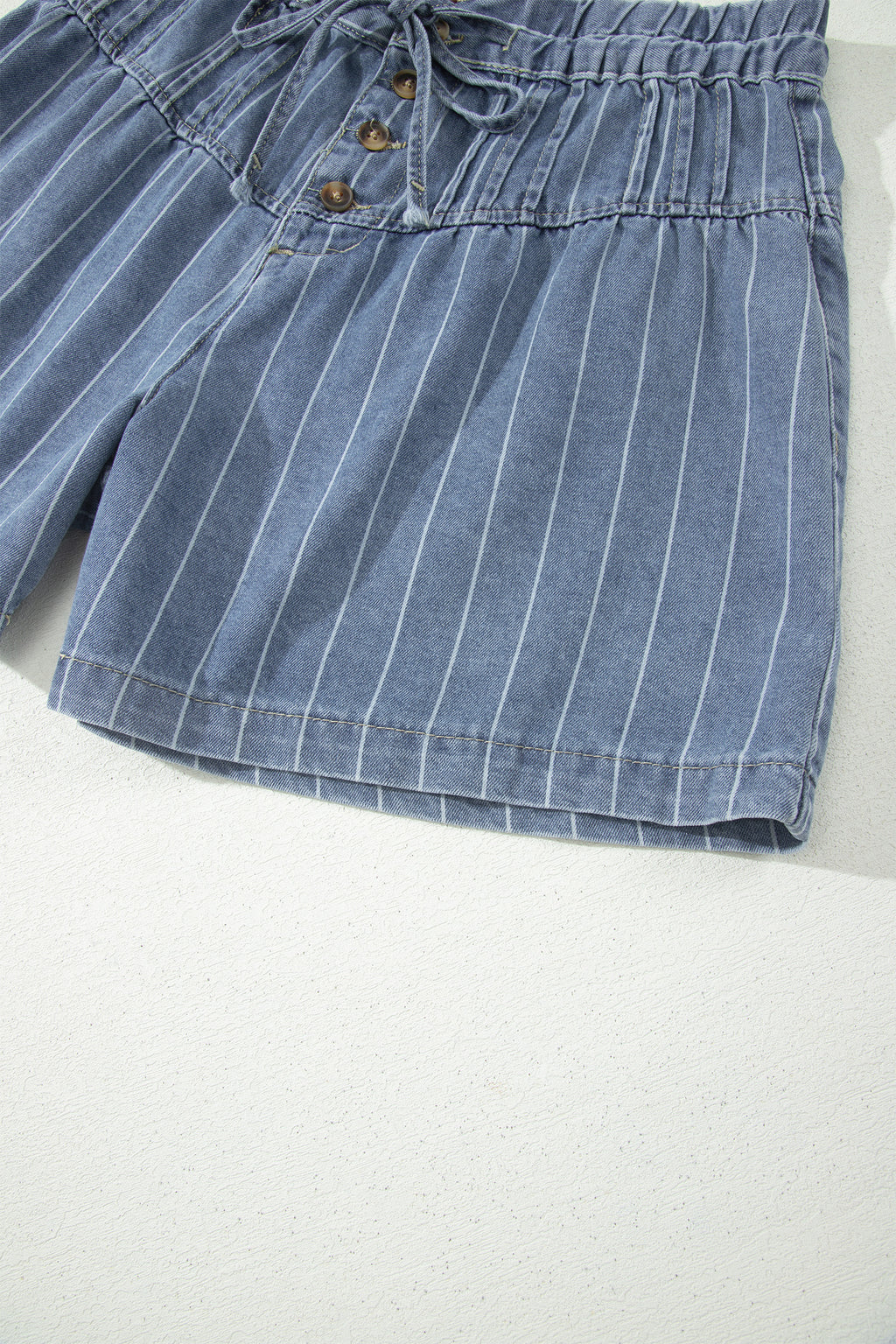 Sky Blue Stripe Drawstring Button Pleated High Waist Denim Shorts