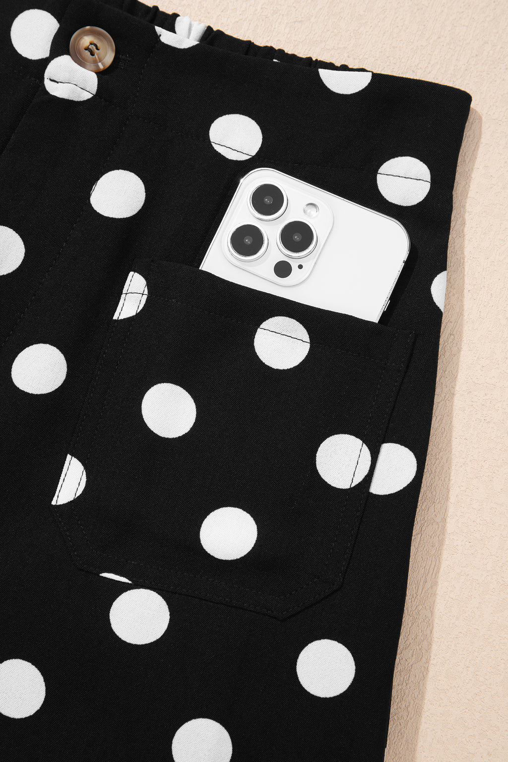 Black Polka Dot Print Patched Pocket Mid-rise Straight Leg Pants