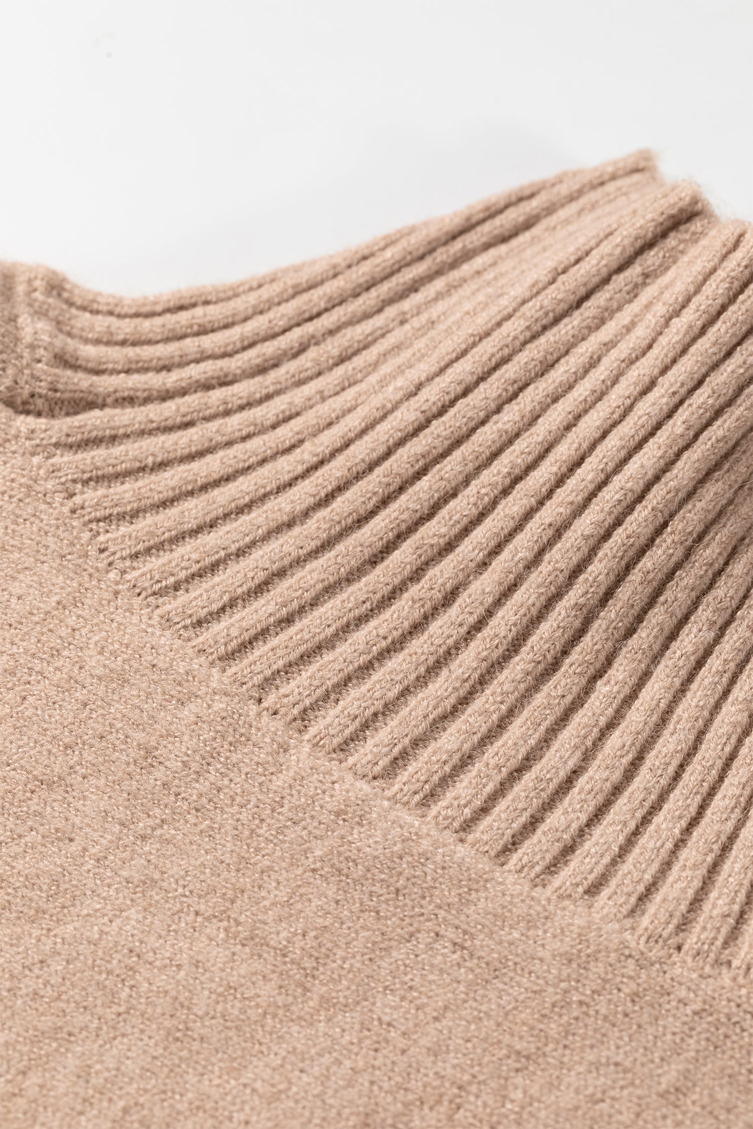 Beige Ribbed Trim High Neck Short Sleeve Casual Sweater