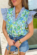 Green Floral Painting Print Striped Patchwork Flutter Sleeve V Neck Blouse
