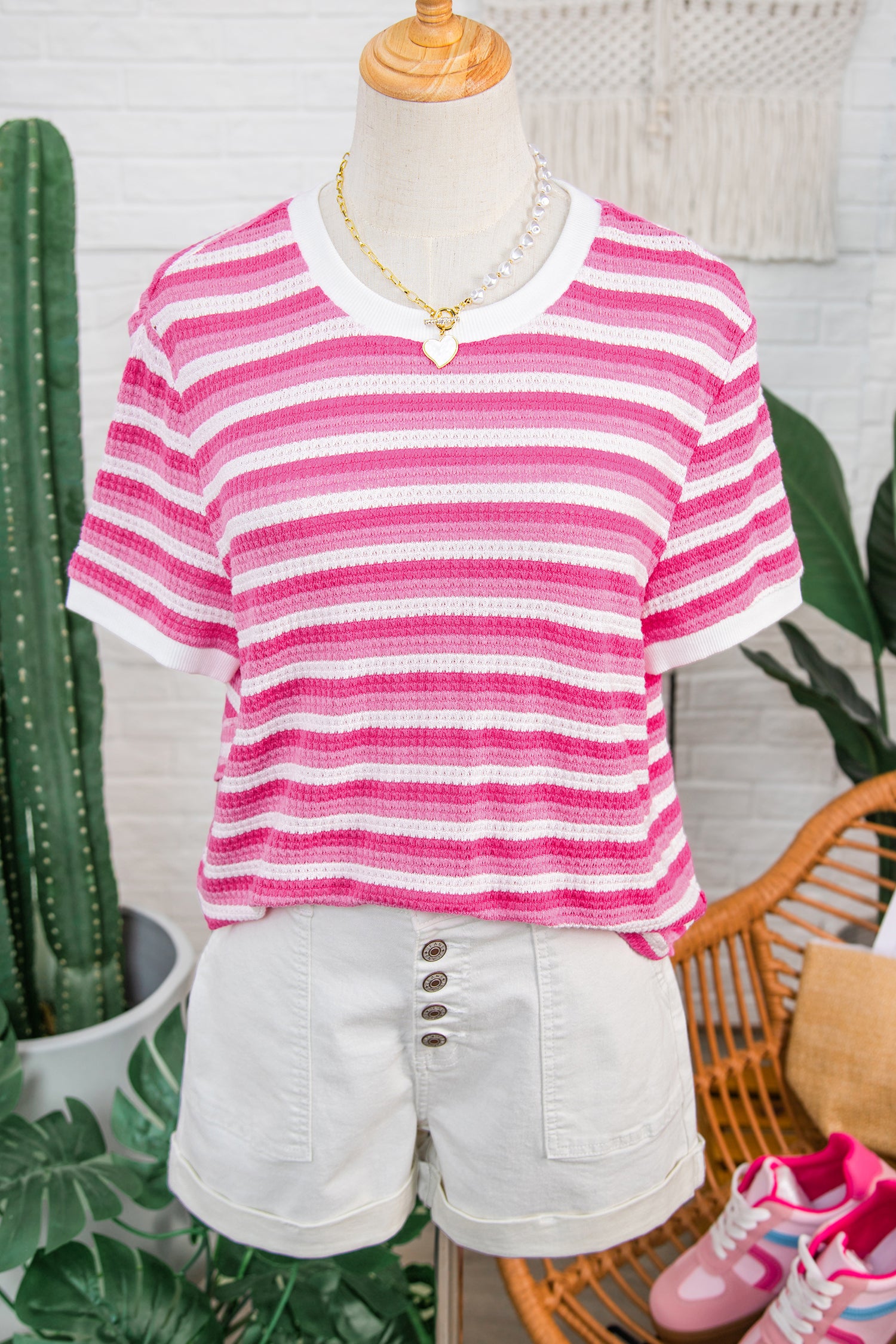 Sachet Pink Textured Knit Short Sleeve Crossed Detail Tee