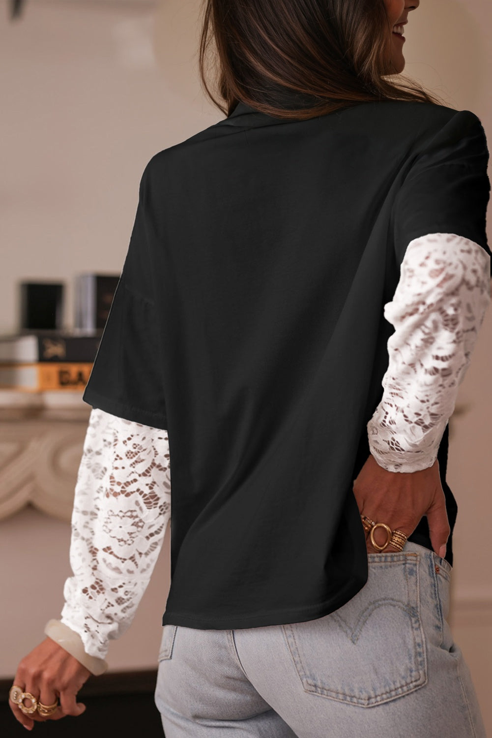 Black Lace Long Sleeve Insert Drop Shoulder Tee